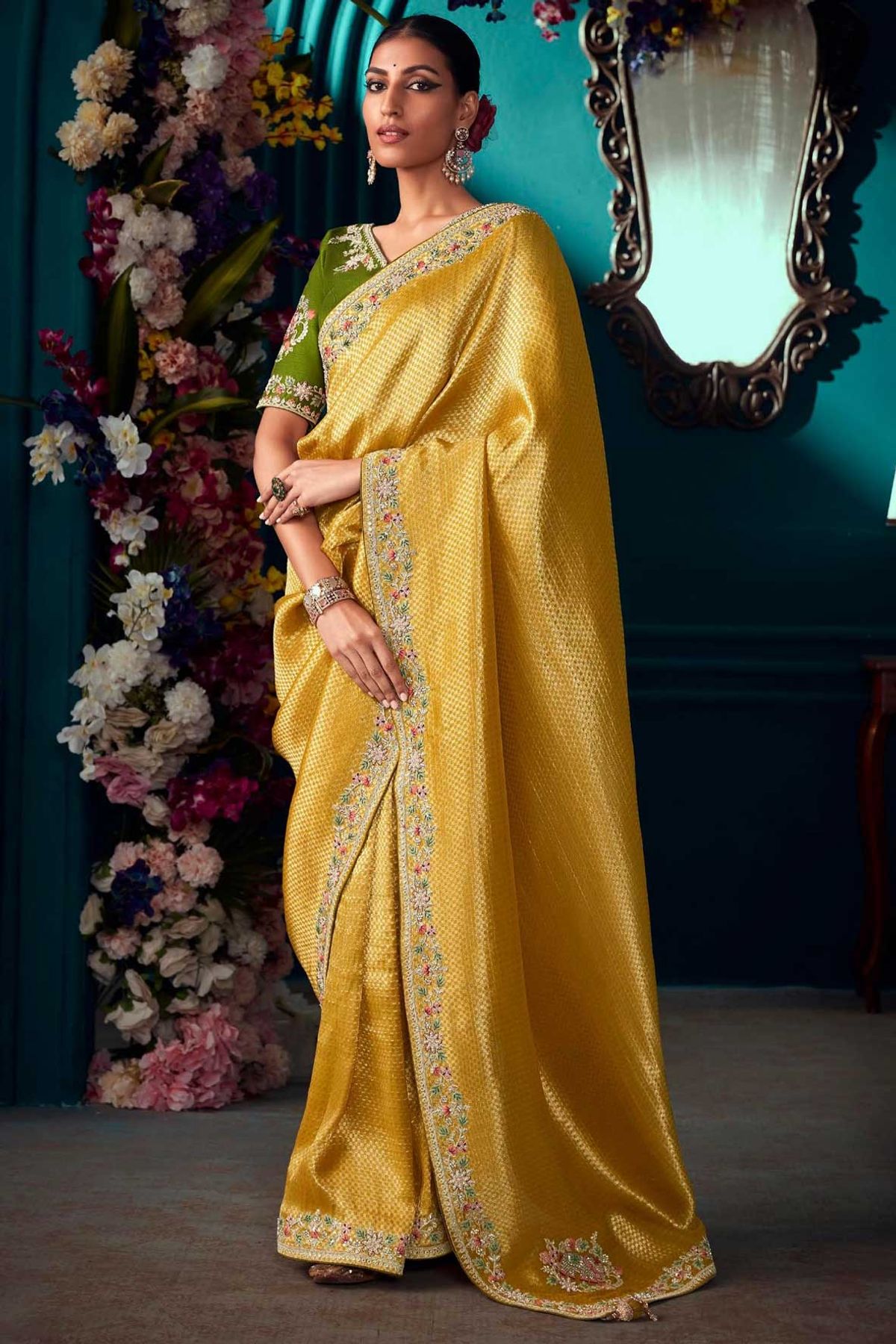 Shop Yellow Color Dola Silk Zari Work Saree Festive Wear Online at Best  Price | Cbazaar