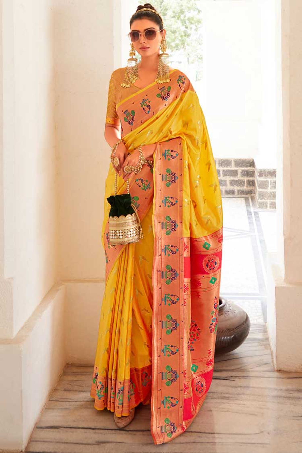 White & Yellow Floral Zari Woven Banarasi Silk Saree with Embroidered –  Ethnos