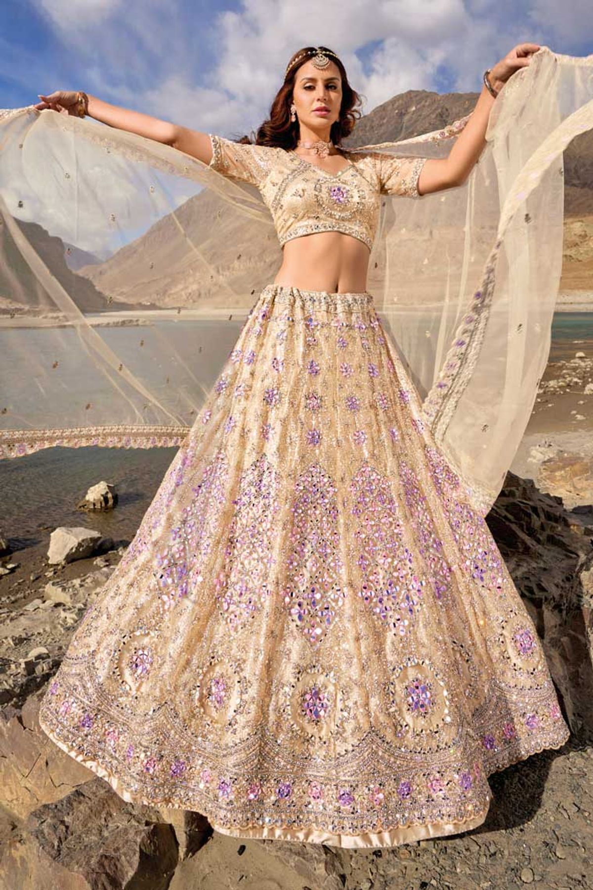 Pure Net Lehenga Choli With Heavy Thread Embroidery with Cut, Mirror and  Zarkan Work LD01353094