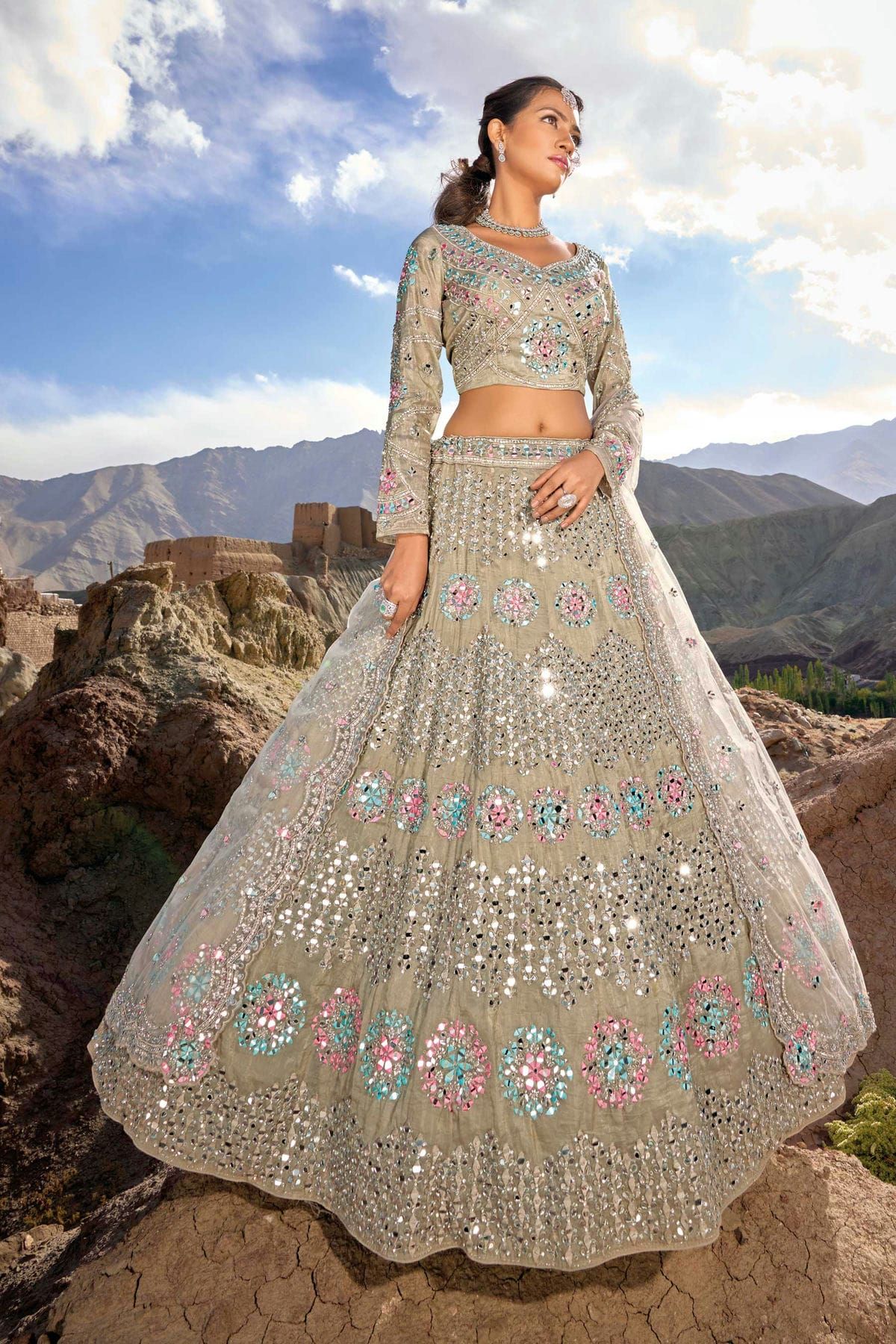 Pure Organza Lehenga Choli With Heavy Thread Embroidery with Cut Mirror and Zarkan Work In Green Colour LD01353097 A