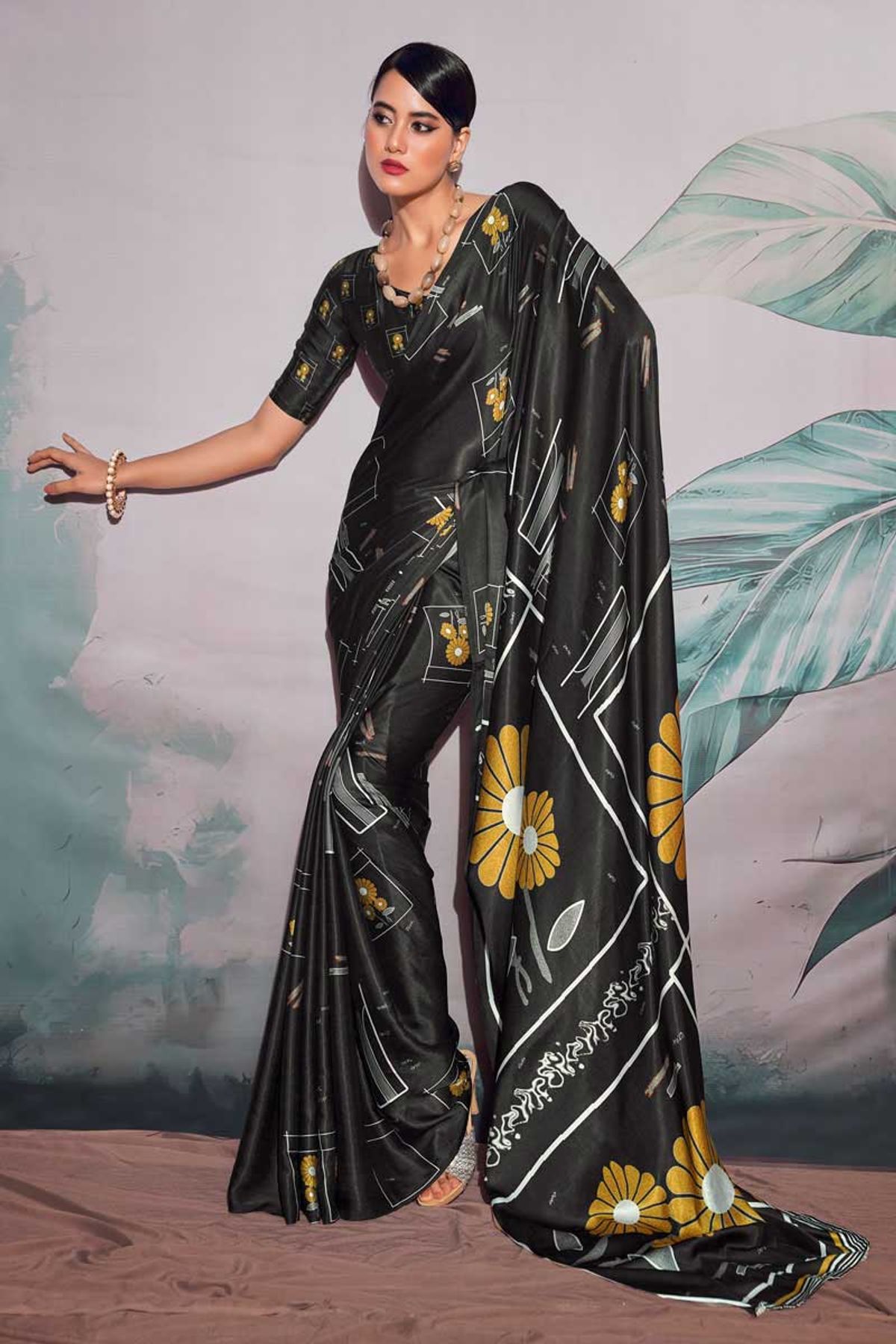 Buy Jaanvi Fashion Printed Daily Wear Crepe Black Sarees Online