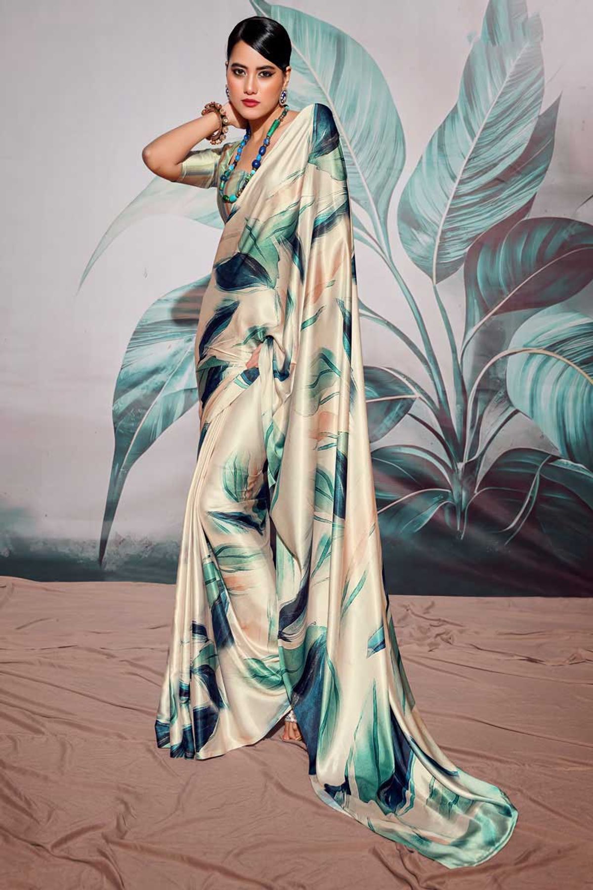 Buy Party Wear Blue Digital Printed Work Satin Crepe Saree Online From  Surat Wholesale Shop.