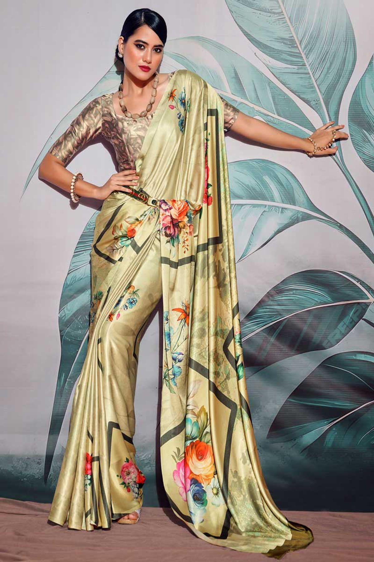 Mint Blue Floral Print Satin Crepe Saree