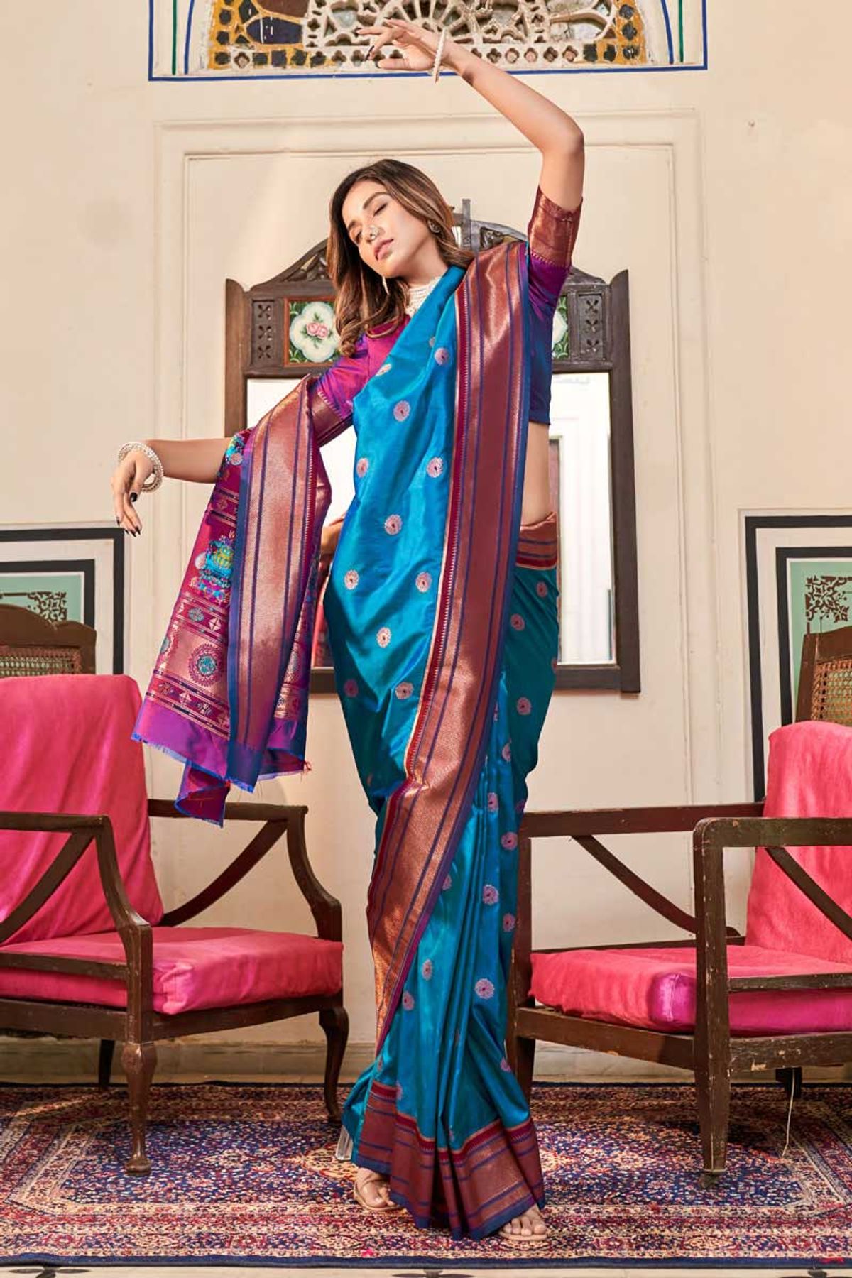 Sky Blue Weaving Soft Silk Long Length Paithani Suit – garment villa