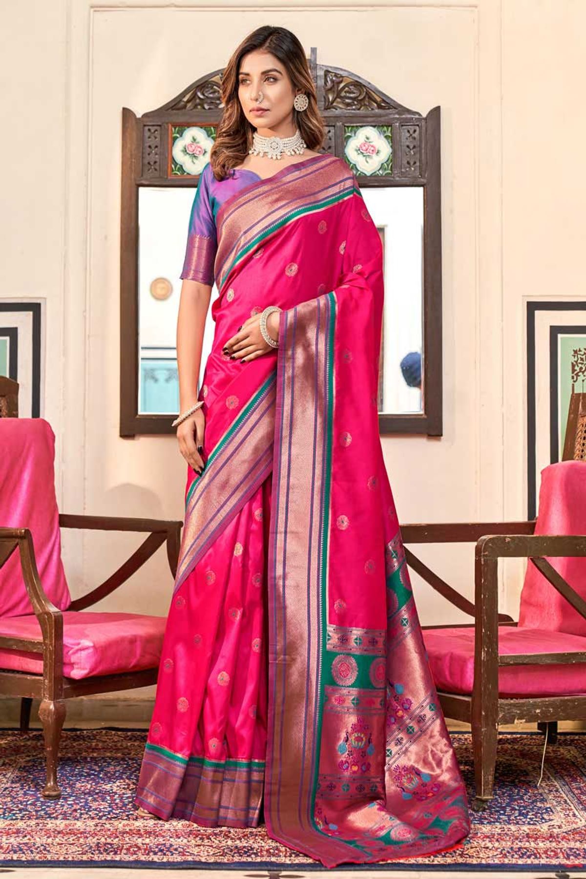 Soft Peshwai Paithani Silk Sarees With Jacquard Woven Work In Rani Pink Colour SR01353232 A