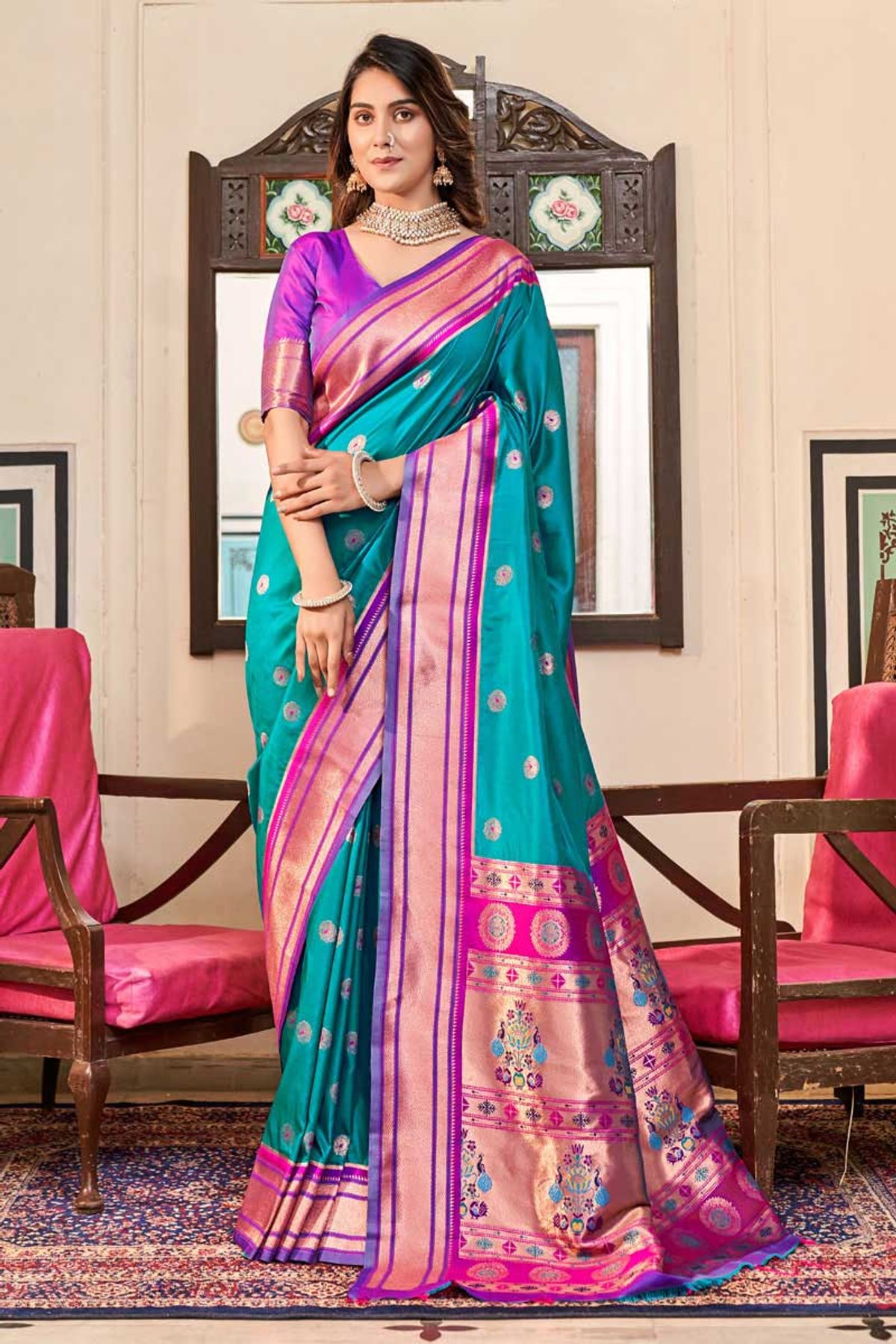 Buy Riwazo Sea Green Woven Work Paithani Silk Saree