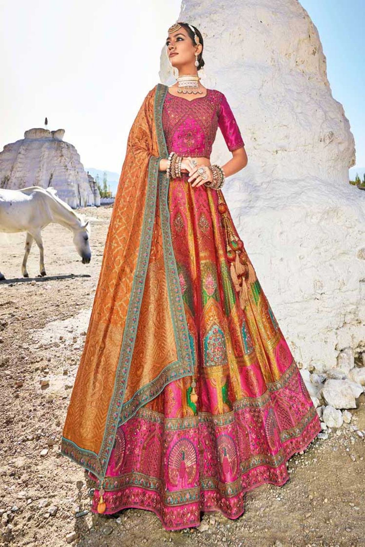 Golden-Red Satin Bridal Lehenga Choli Set with Heavy Zari Border and All  Over Zarkan Work | Exotic India Art
