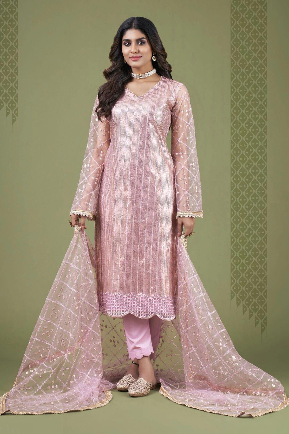 Butterfly Net Salwar Kameez In Peach Color