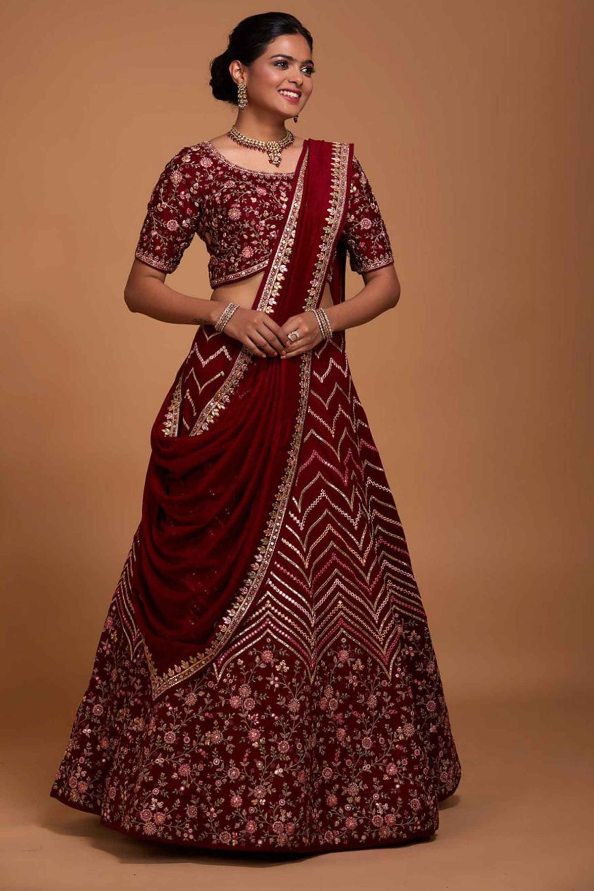 Satin Wine Maroon Embroidered Panelled Style Lehenga LLCV115496