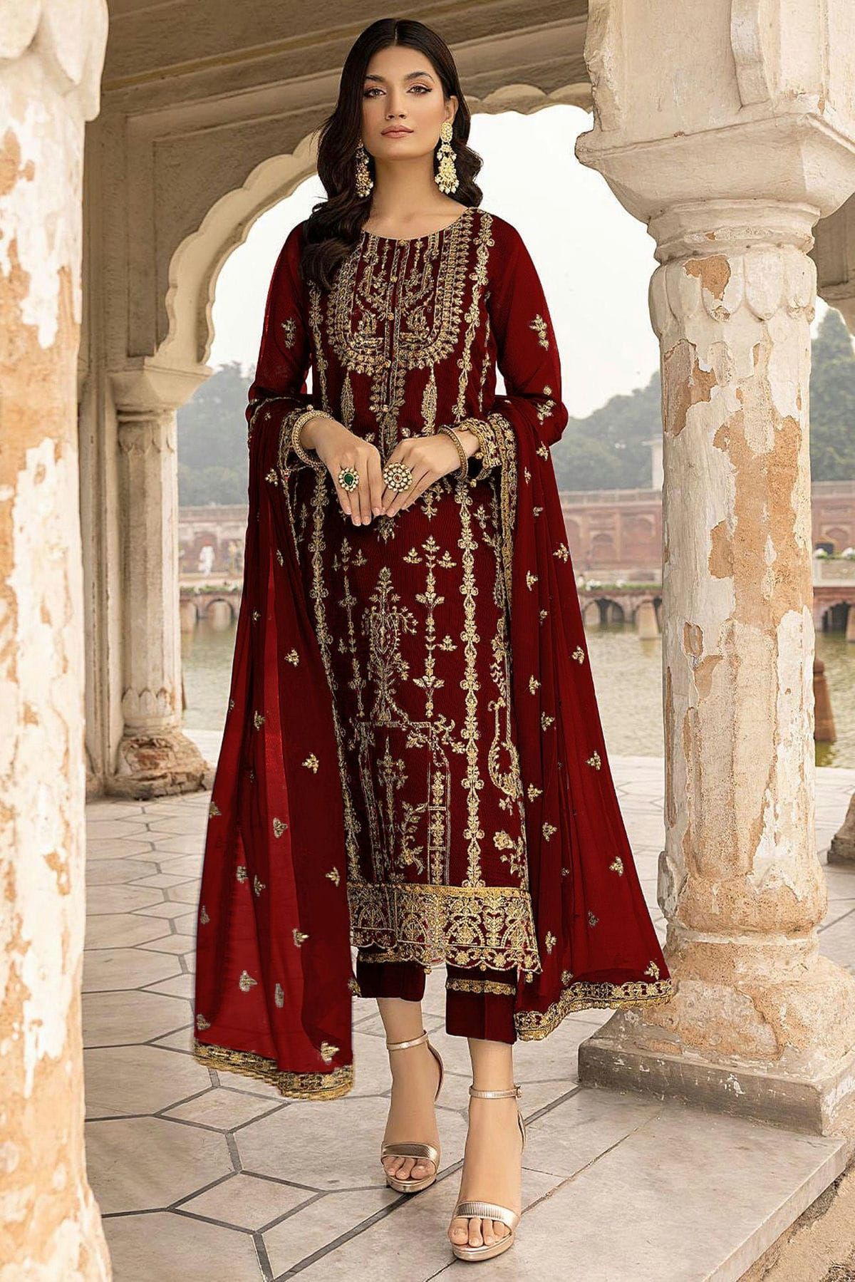 Buy Burgundy Embroidered Modal Top with Georgette Jacket and Dhoti