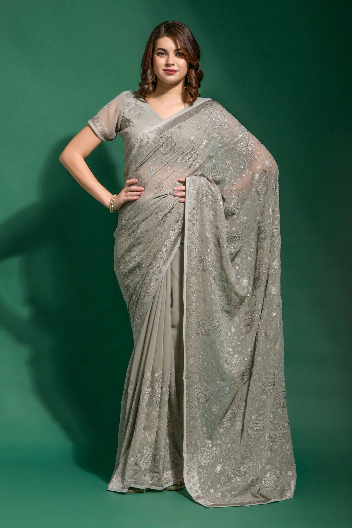 Grey Georgette Embroidered Saree