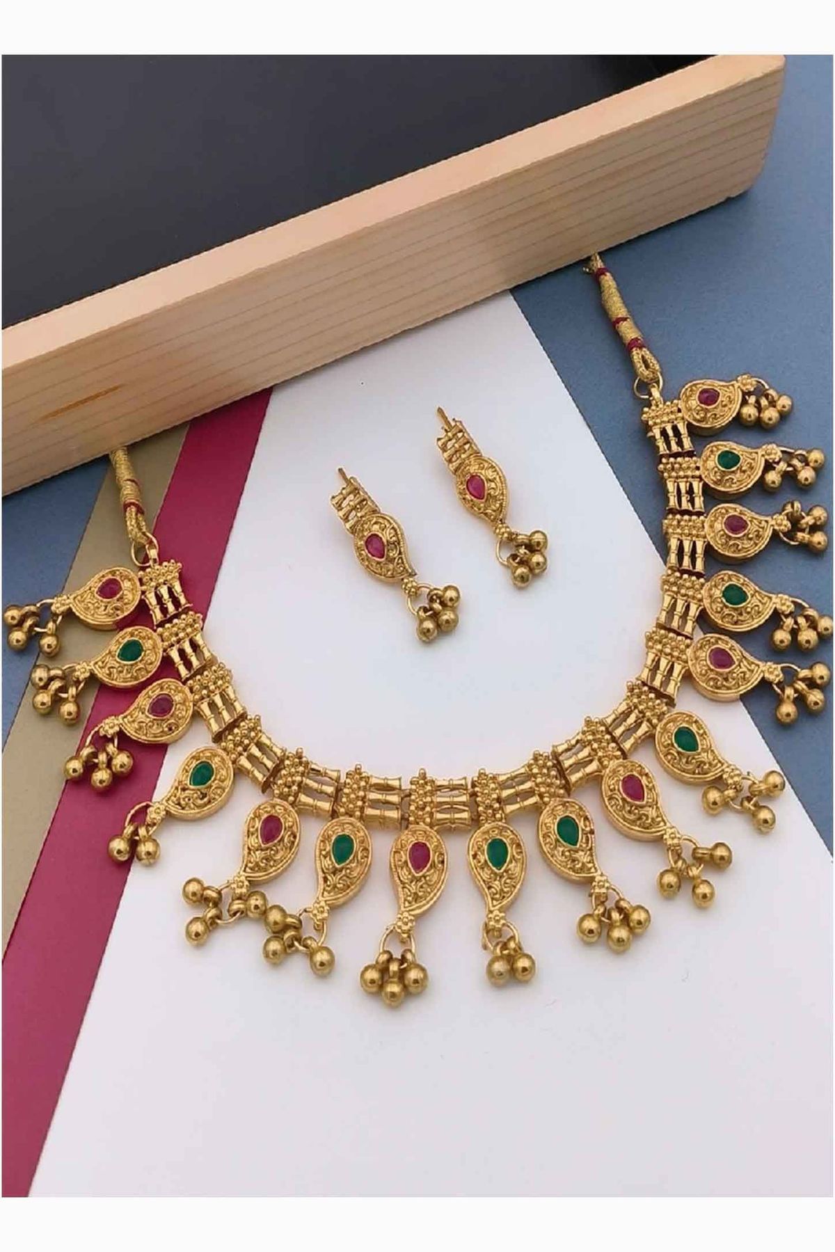 Gold Plated Green and Red Stone Necklace Set by Niscka - Gale Ka Haar