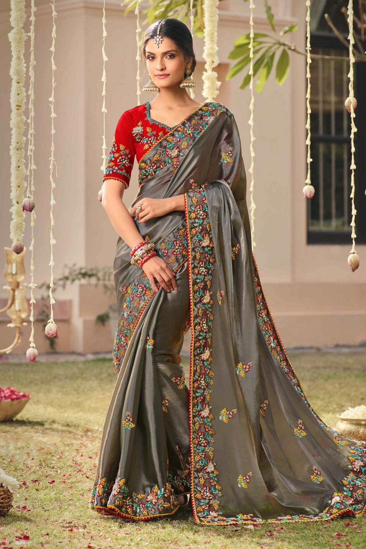 Buy Gray Organza Silk Embroidery Thread Work Saree