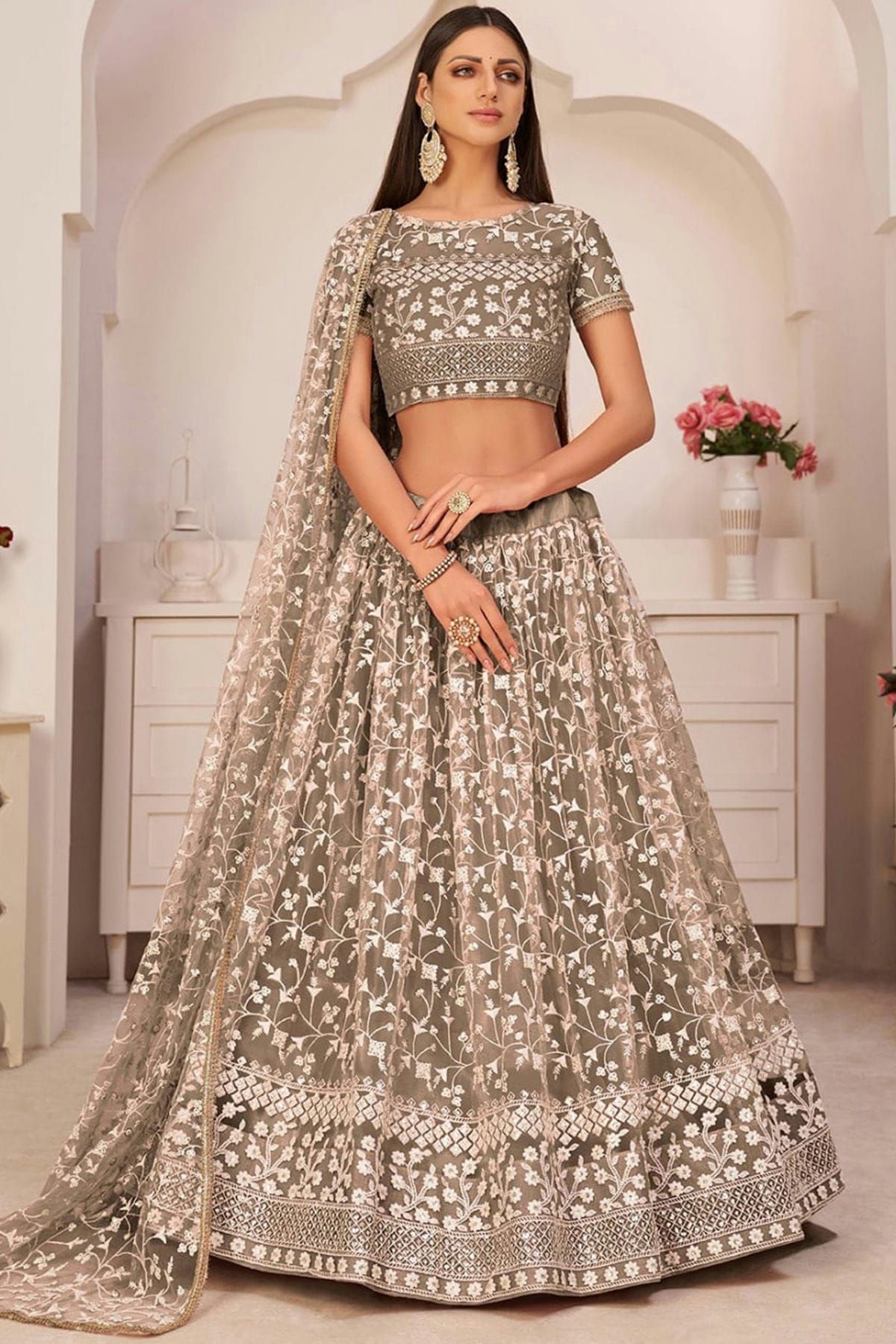 Buy Wedding Wear Grey Embroidery Work Net Lehenga Choli Online From Surat  Wholesale Shop.