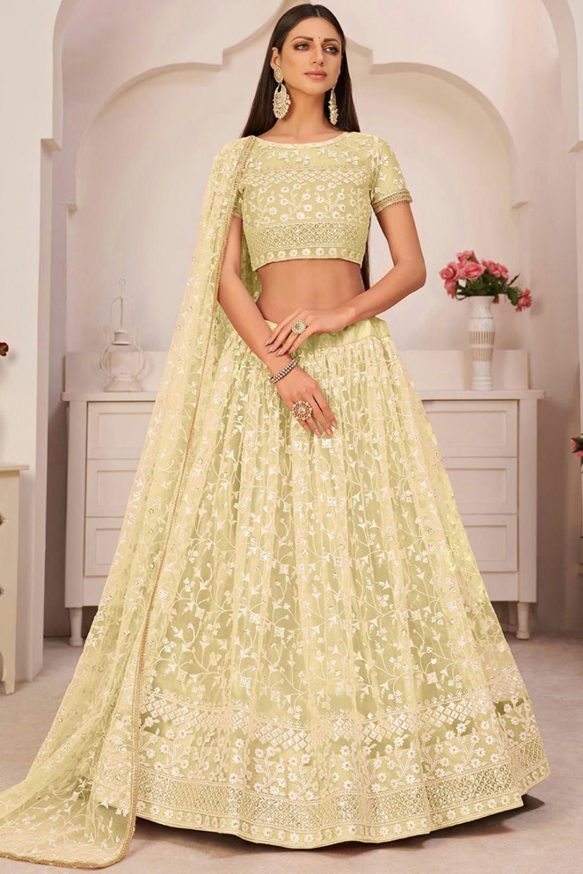 Yellow Heavy Thread Embroidered Lehenga – Maharani