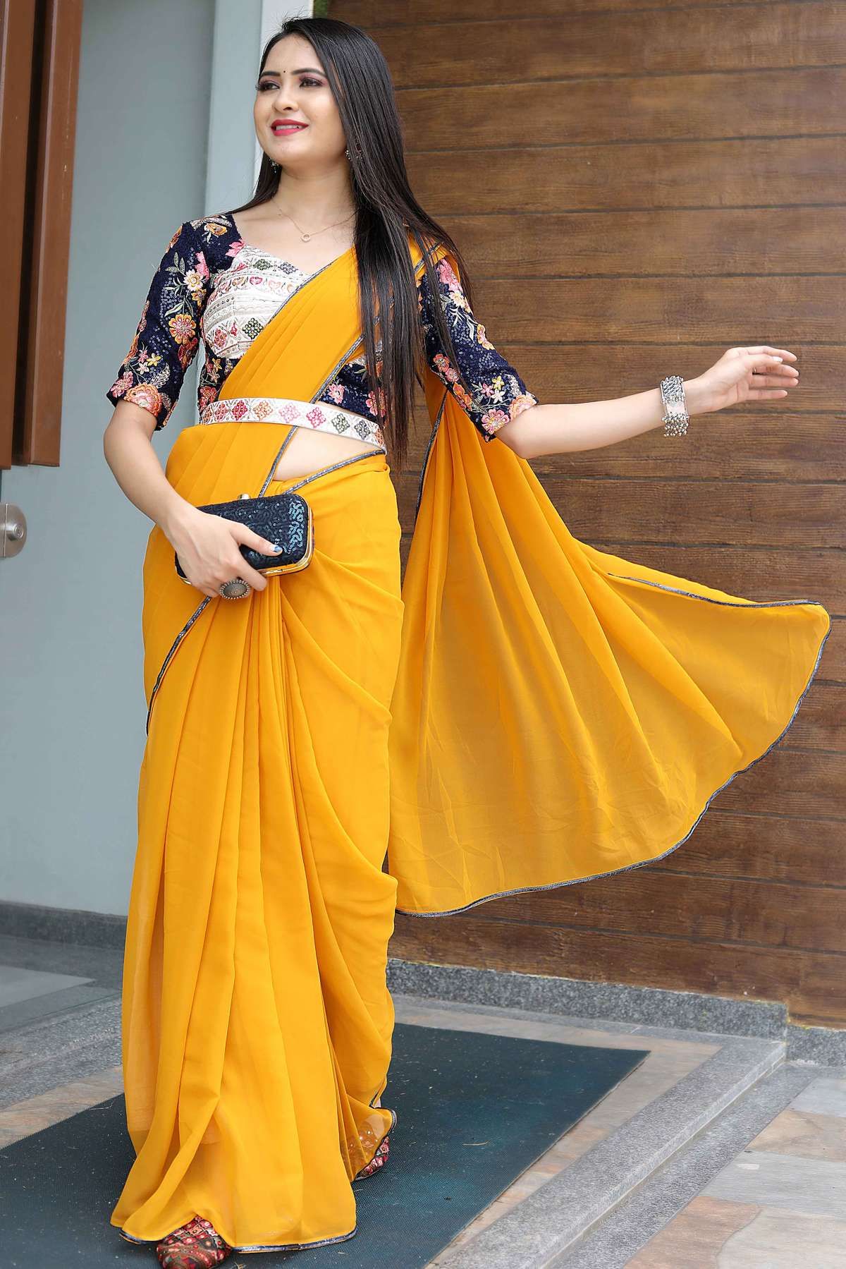 Yellow & White Embroidered Border Saree– Inddus.in