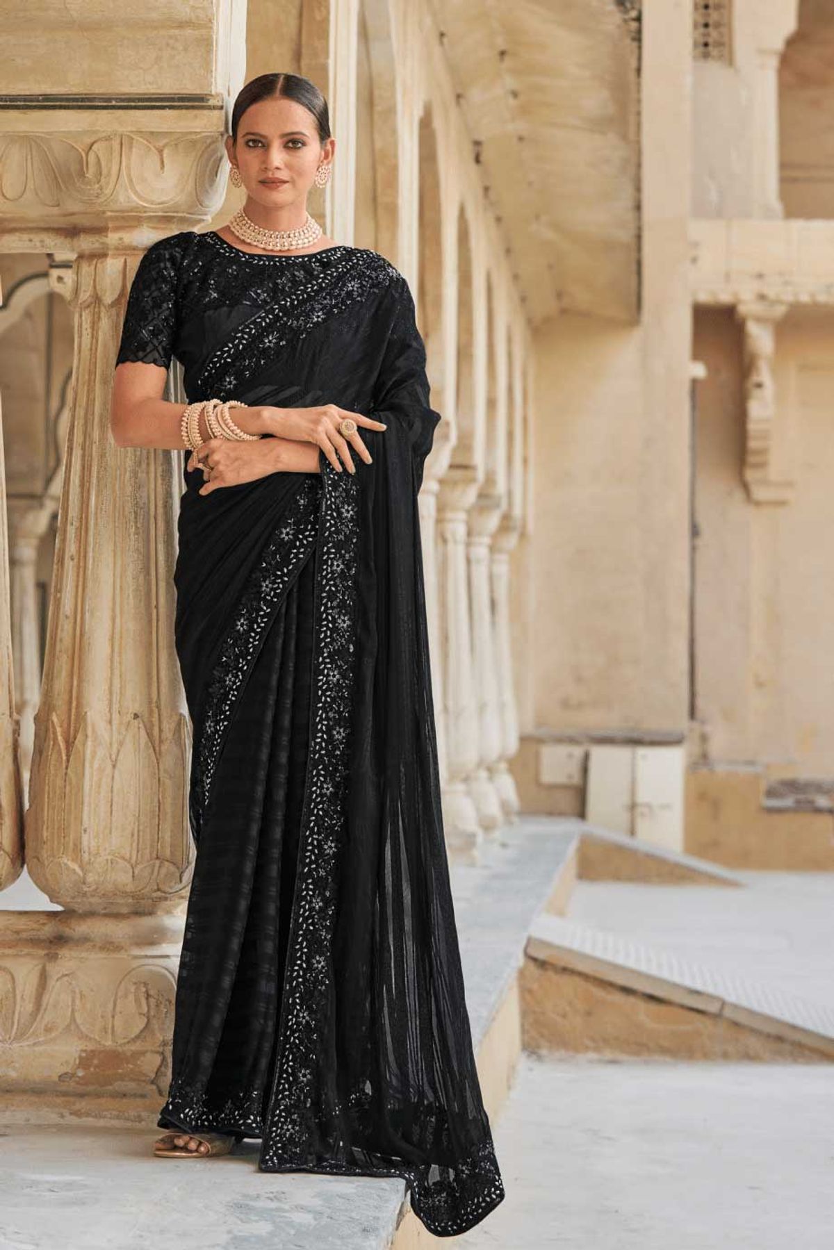 Black color Chiffon sarees with all over buties saree design -CHIF0001106