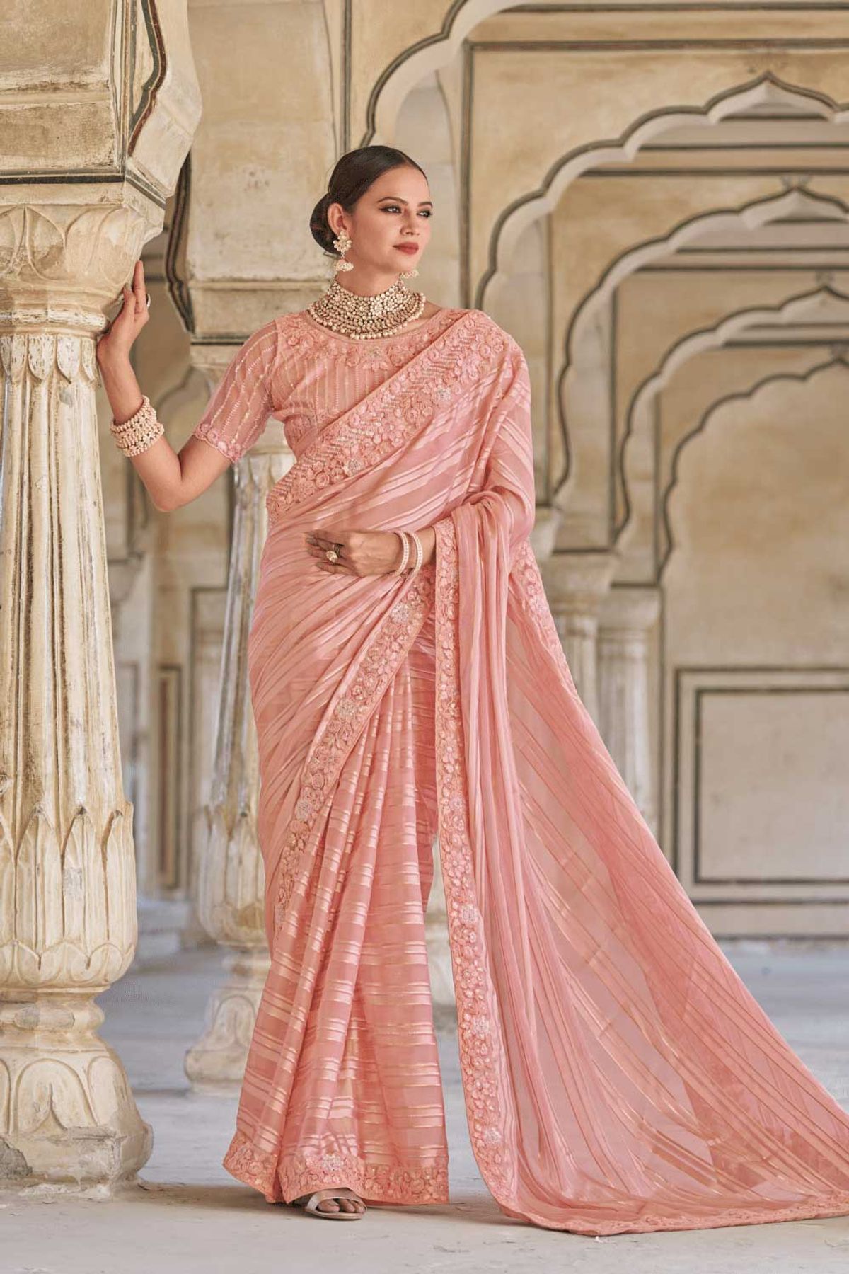 Pink Base Wedding Wear Fancy Chiffon Saree at Rs 1000 in Chennai | ID:  19713158648