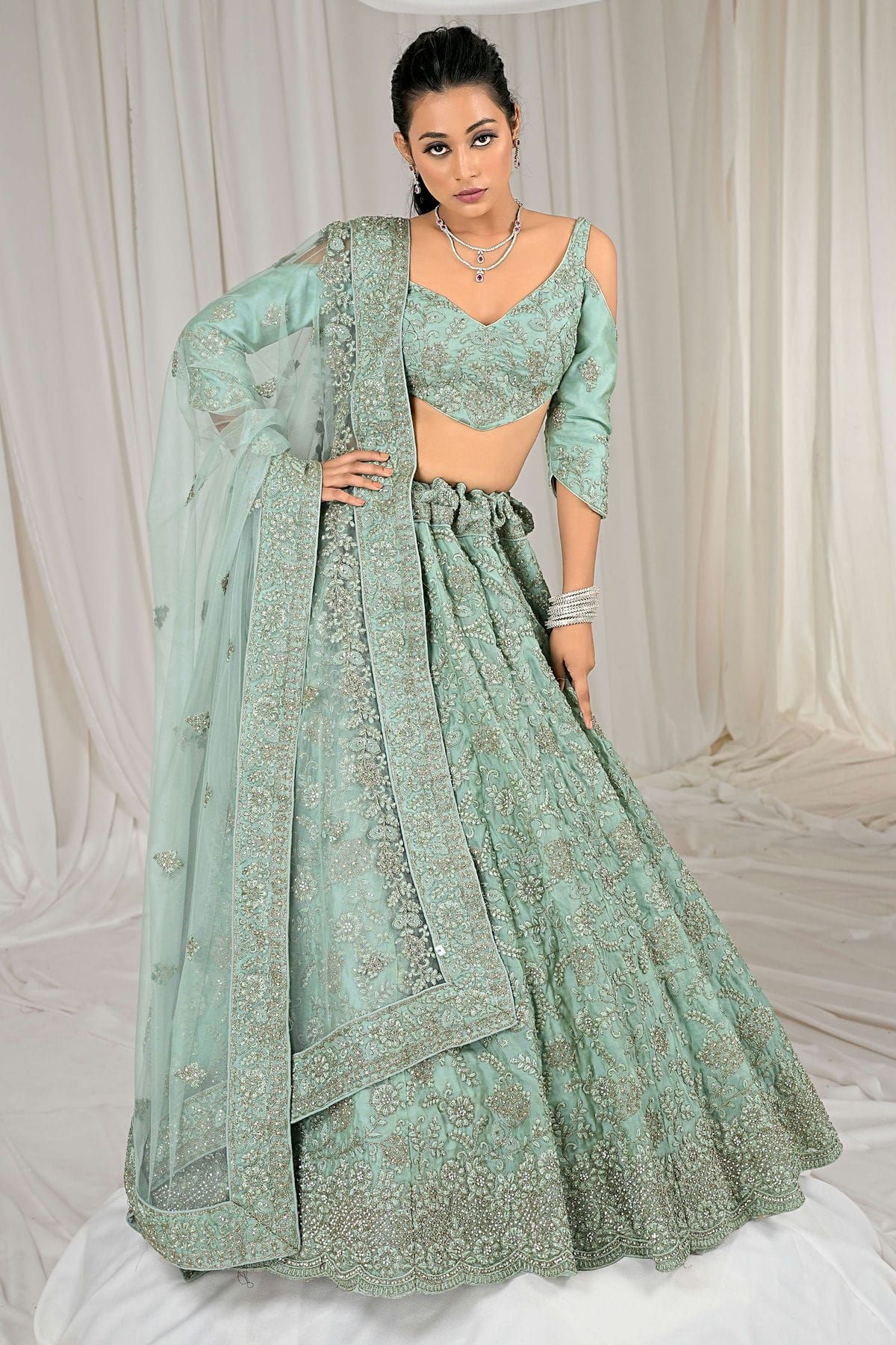 Soft Net Thread Work Lehenga Choli In Olive Colour LD05643934