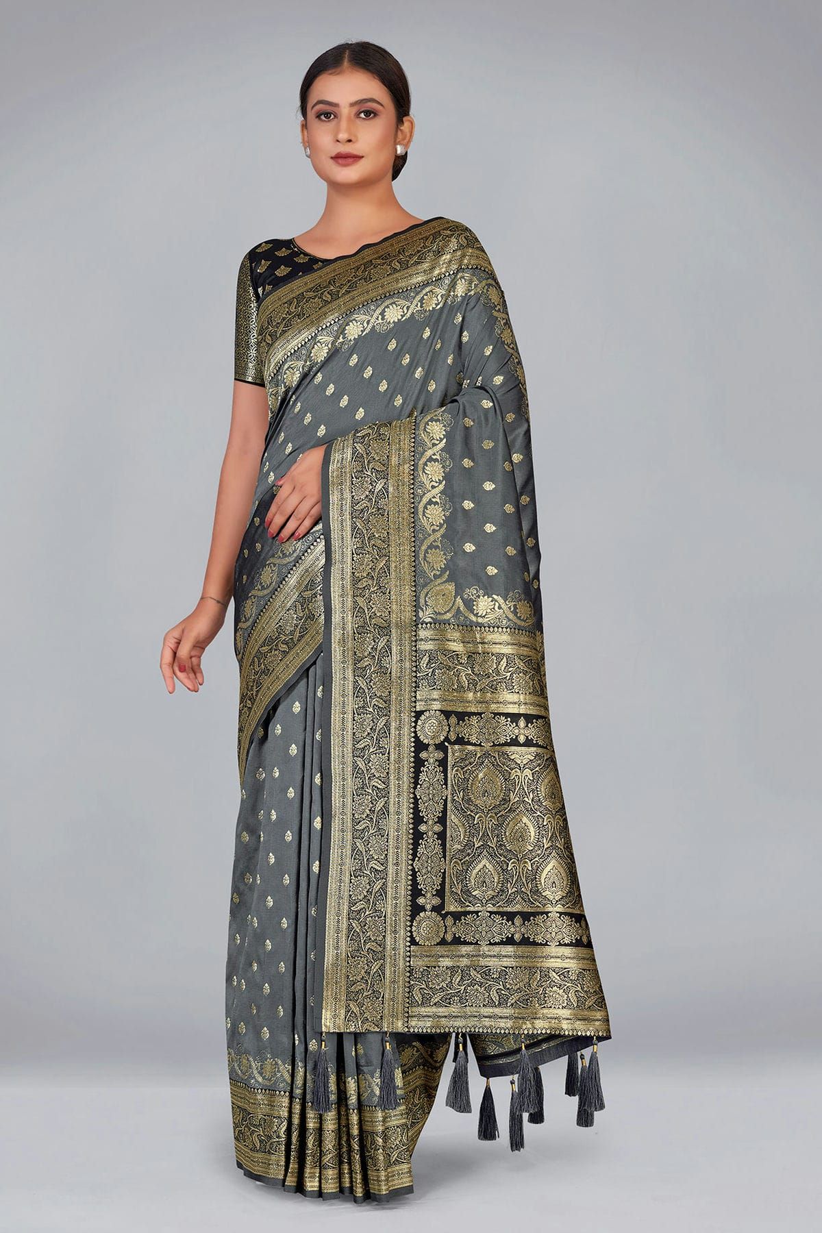 Dark Grey Woven Banarasi Organza Silk Saree | Kolour