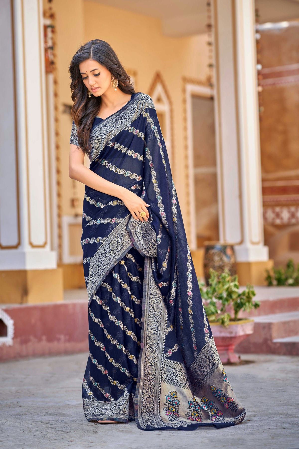 Fancy Teal Blue Color Sequence Thread Work Chinon Saree - Cl