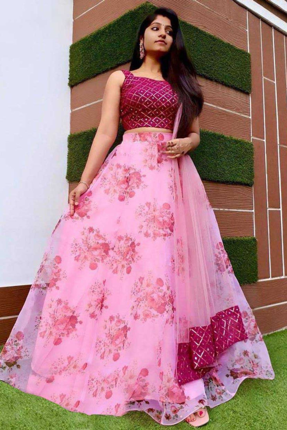 Printed Organza Lehenga Choli in Pink