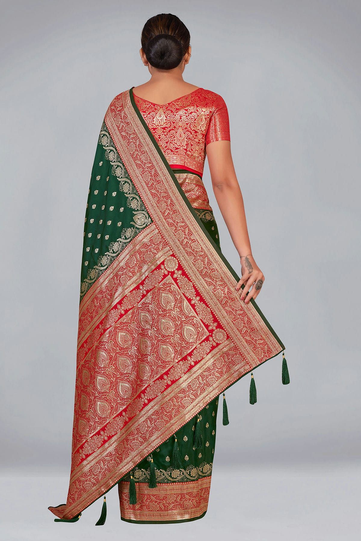 Red Banarasi Saree with Green Border – Keya Seth Exclusive