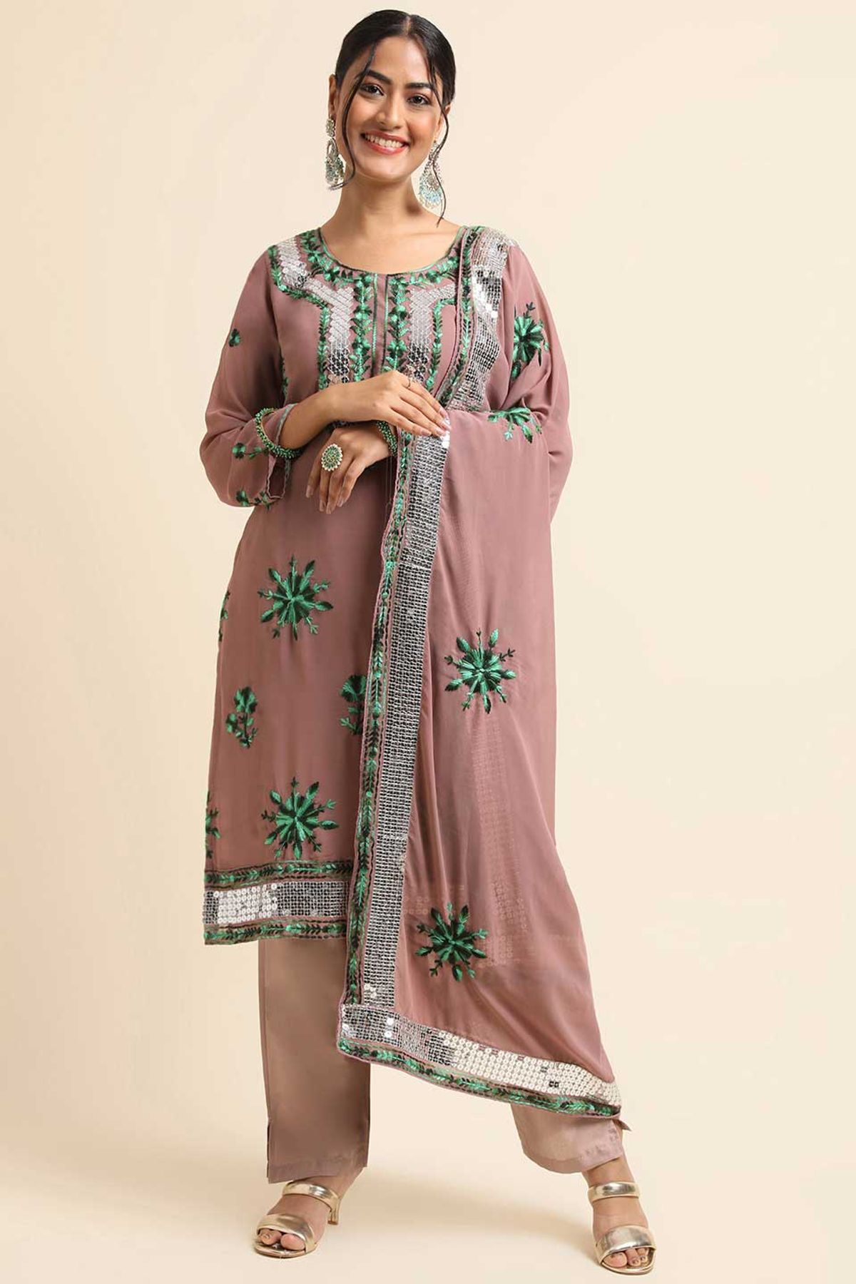 Semi stitched suit in cotton self fabric with embroidery on kurta patti and  hemline with plain cotton lower and semi chinon phulkari dupatta – Eimai –  My Meraki