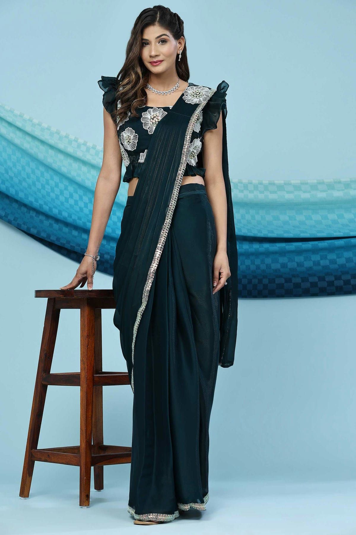 Sequence Designer Ready To Wear Saree With Stich Blouse, Machine