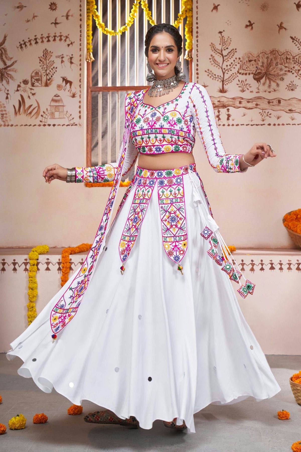 Buy Phenomenal Peach Resham Mirror Work Lehenga Choli Set Online - Kreeva