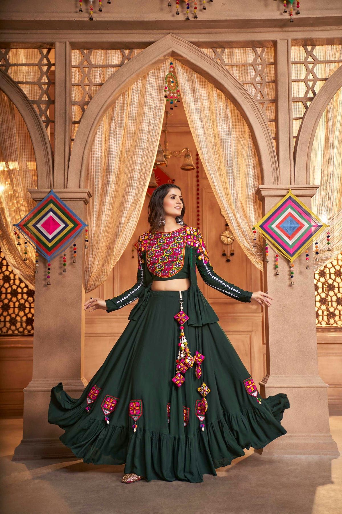 Viscose Rayon Thread Embroidered Work Stitched Lehenga Choli In Green Colour LD00430387 A