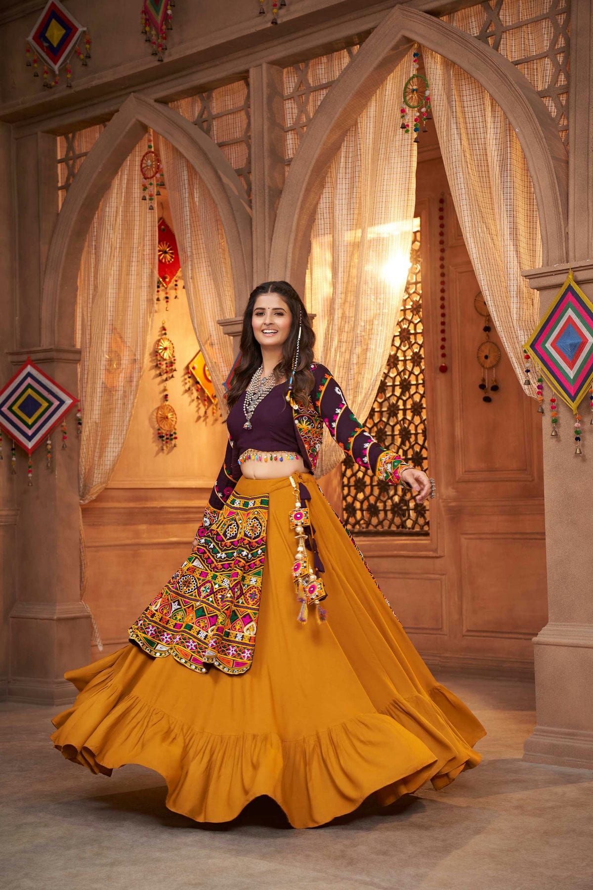 Viscose Rayon Thread Embroidered Work Stitched Lehenga Choli In Mustard Colour LD00430381 A