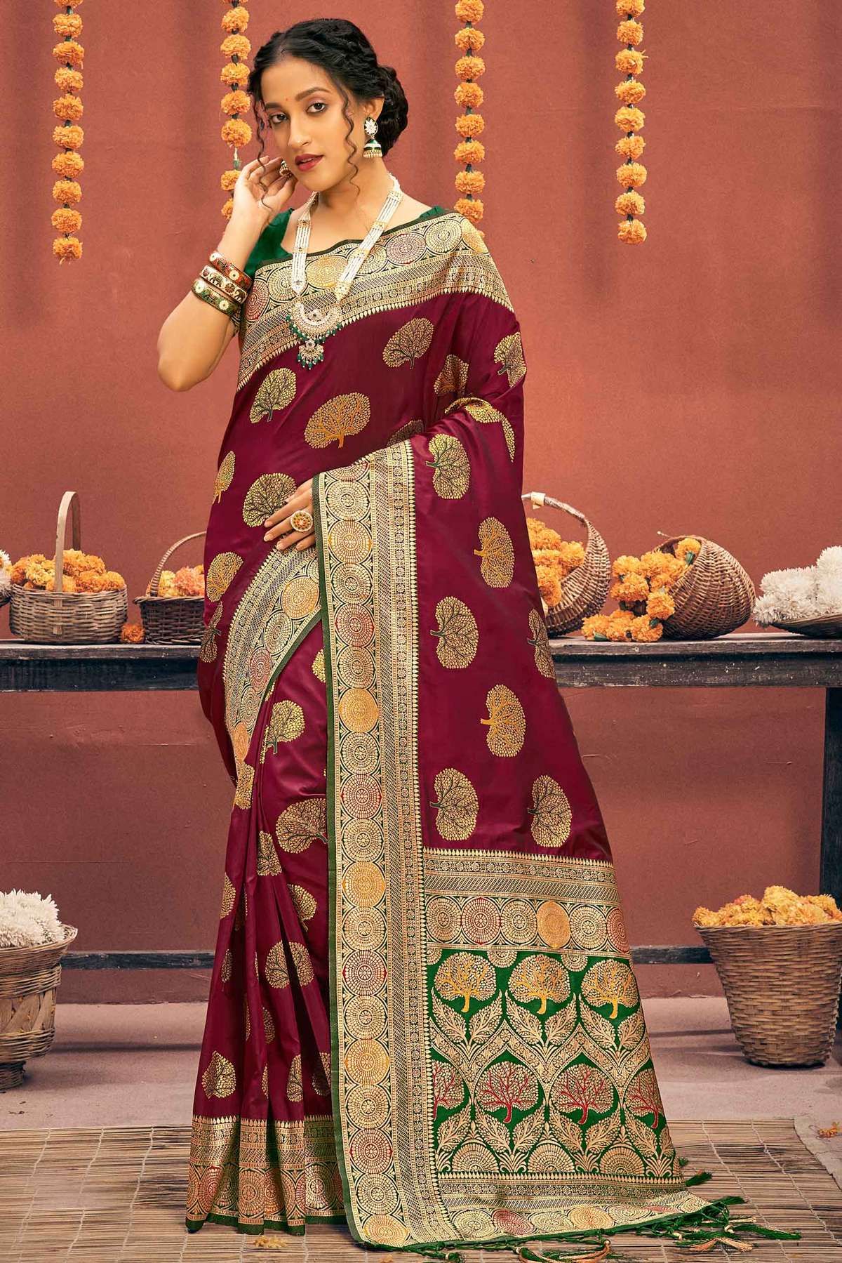 Maroon Color Banarasi Woven Silk Saree