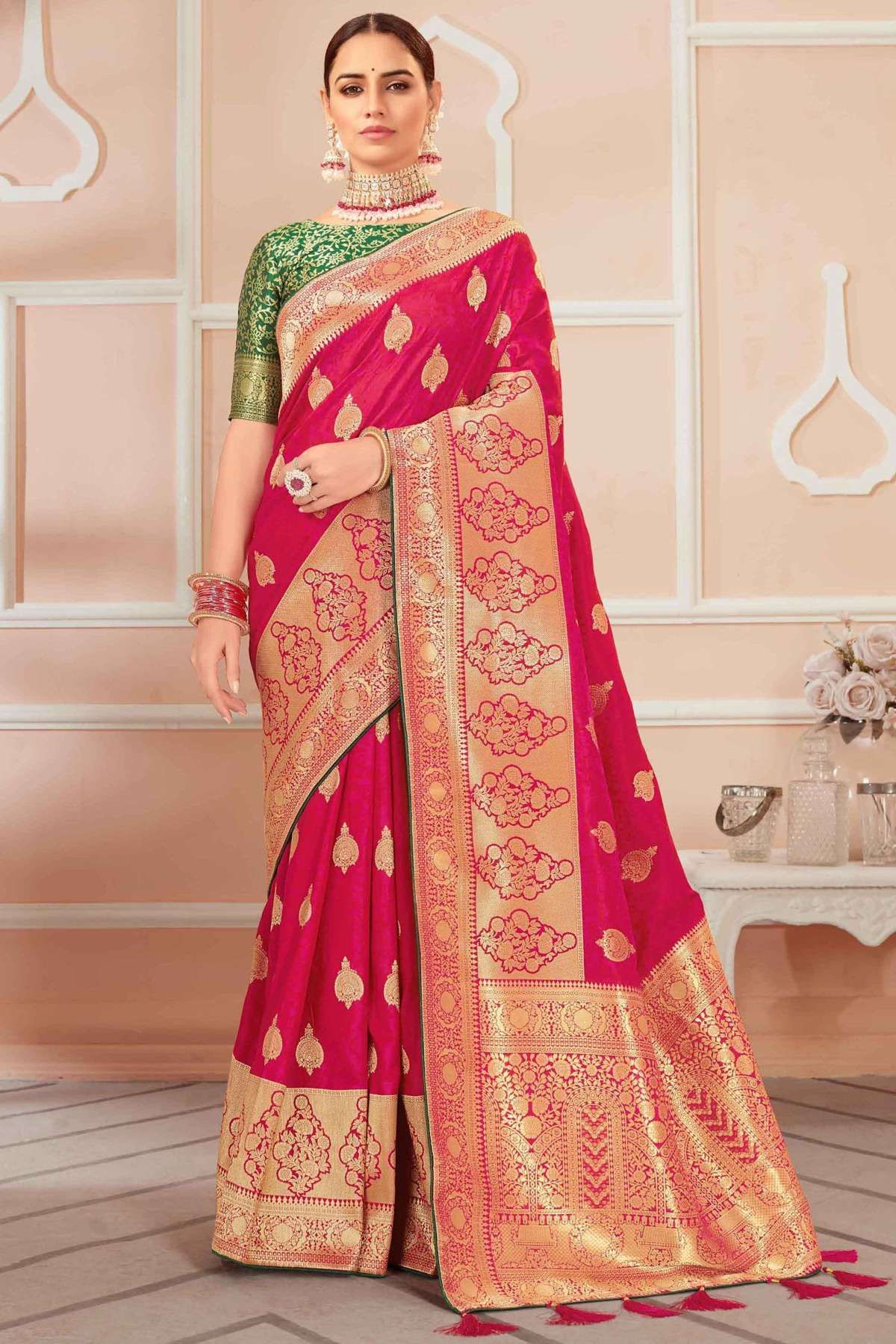 Buy Banarasi Silk Saree In Magenta Pink And Green Color Online - SARV08237  | Andaaz Fashion