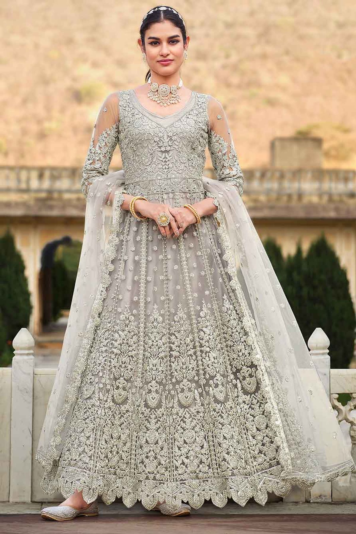 Bridal Lehengas : Grey soft net zarkan and dori work bridal ...