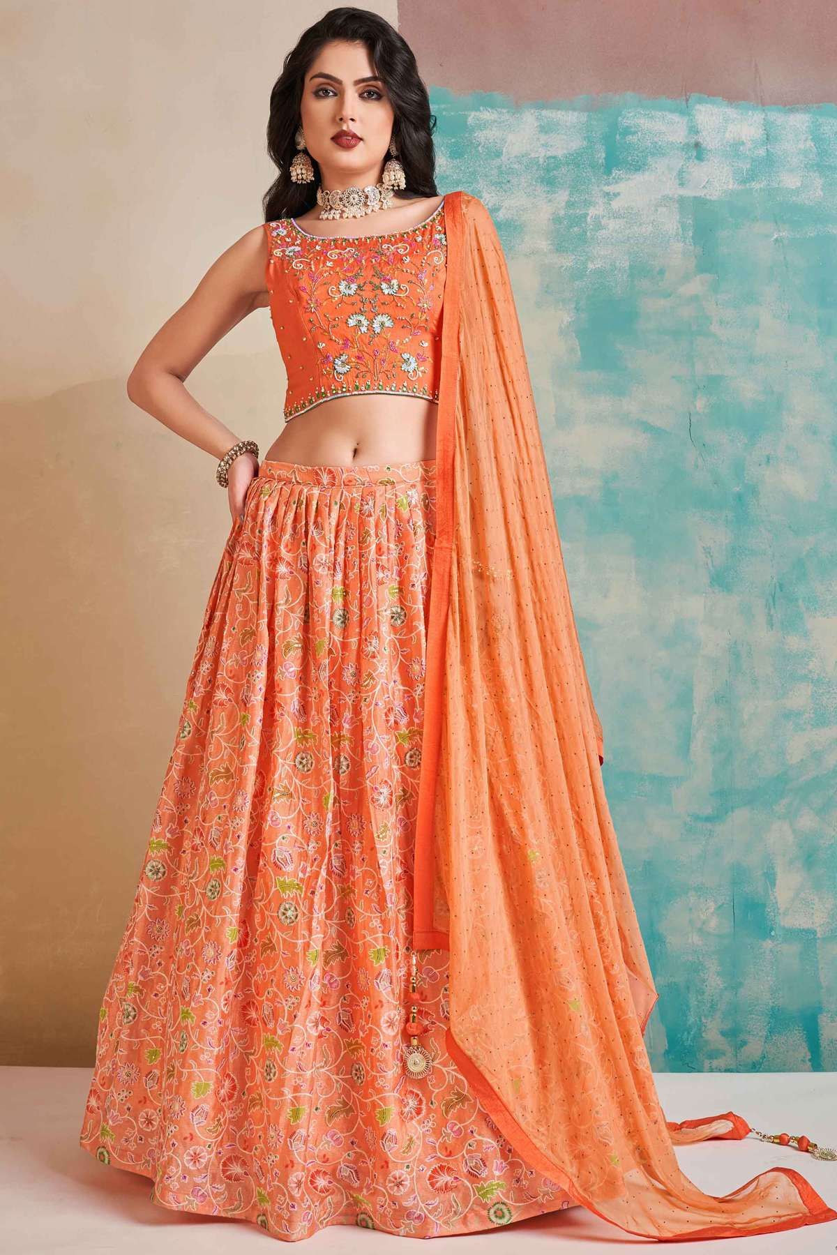 Buy Orange Silk Digital Print Designer Lehenga Choli Online : 271121 -