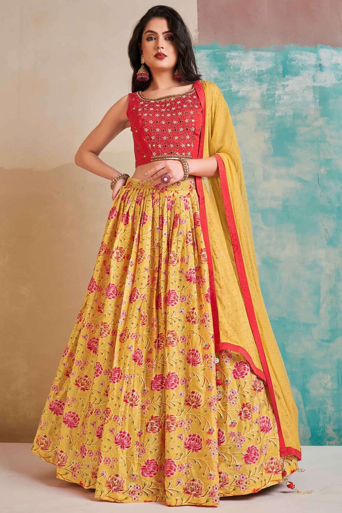 Yellow and Pink Lehenga: Embroidered Net | Lashkaraa