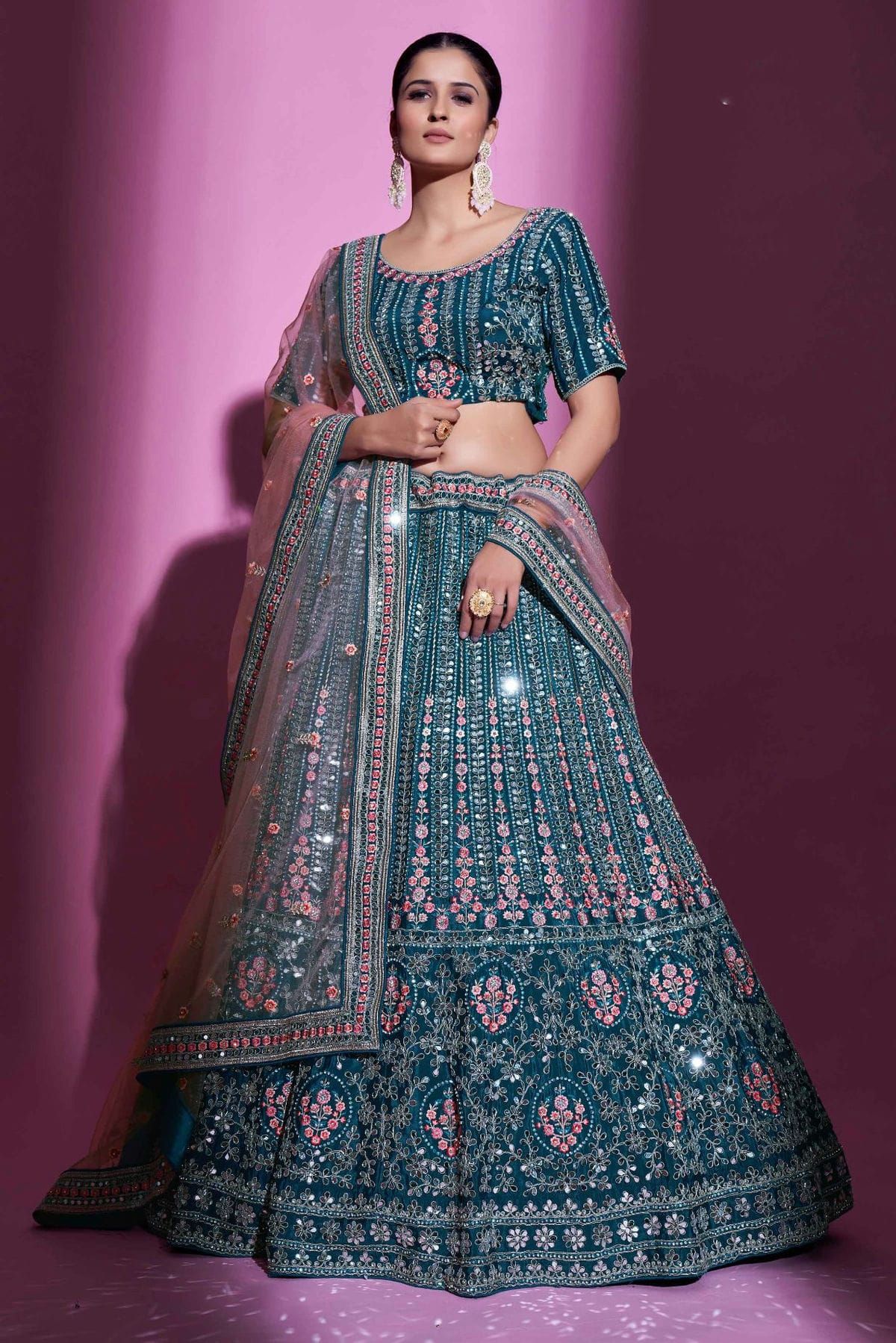 Crepe Sequins Work Lehenga Choli In Teal Colour LD05645955 A