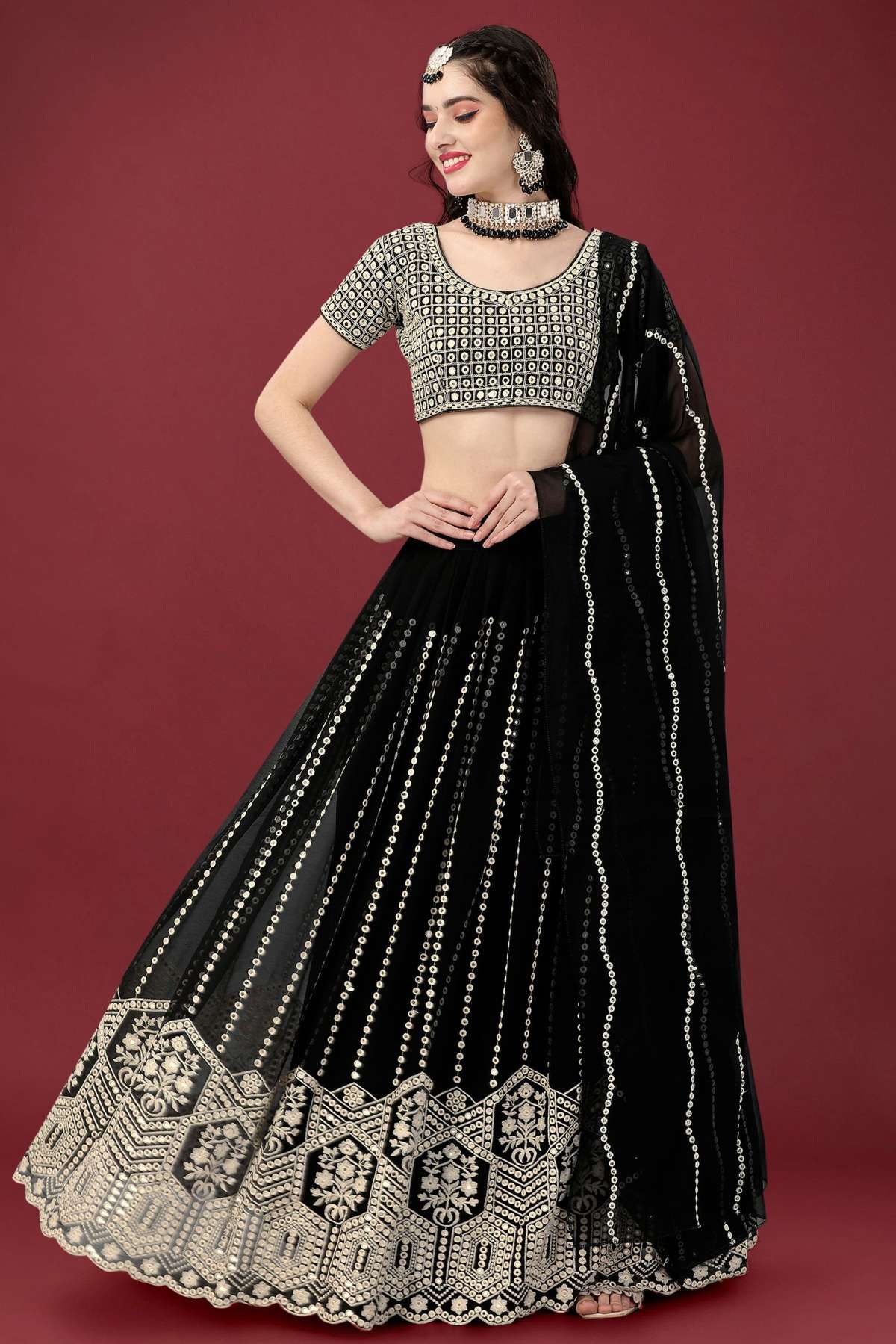 Latest Black Sabyasachi Saree Designs | Black Floral Printed Silk Wedding Lehenga  Choli with Dupatta | Designer Lehenga Choli