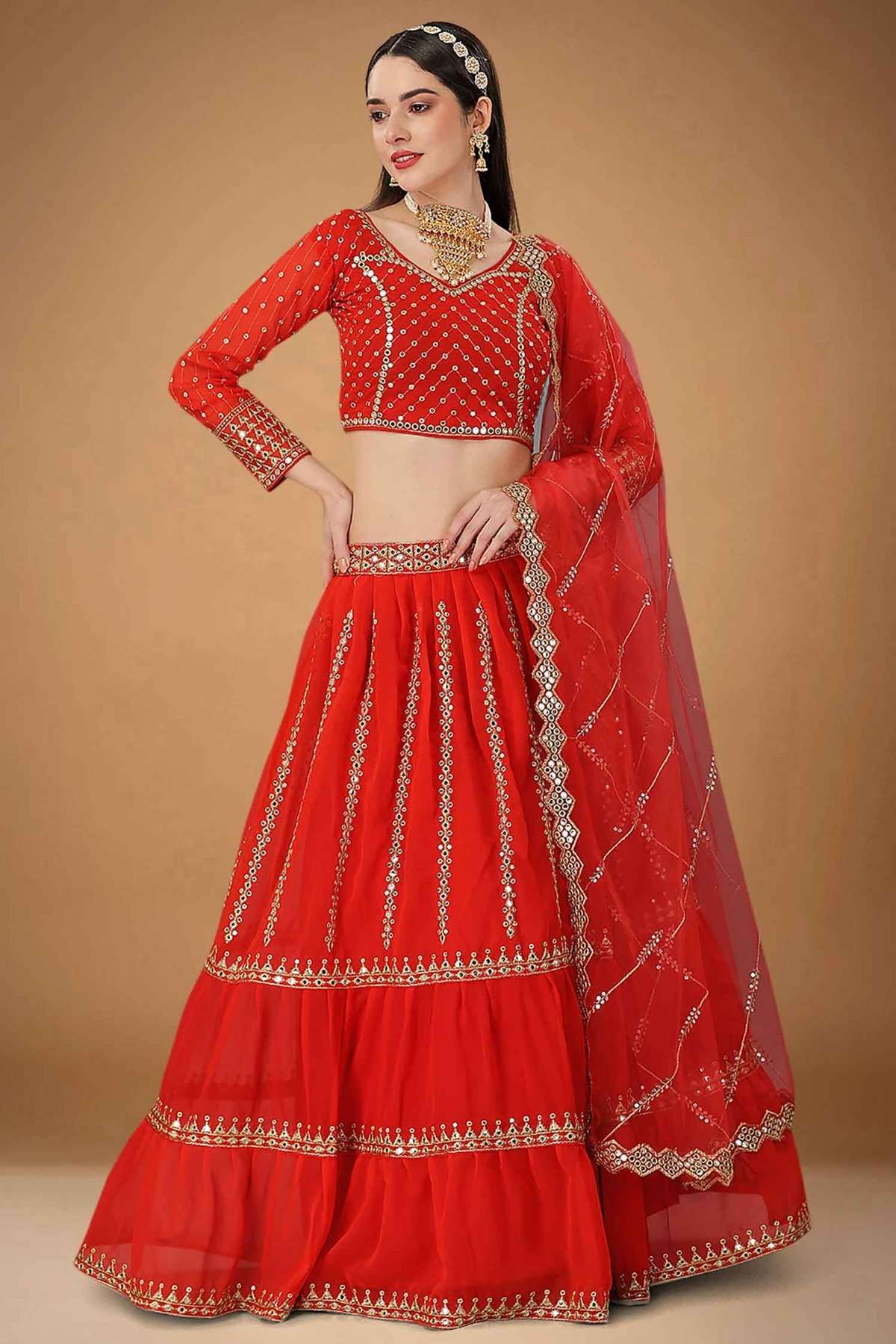 Faux Georgette Embroidery Lehenga Choli In Red Colour In Red Colour LD05643947 A