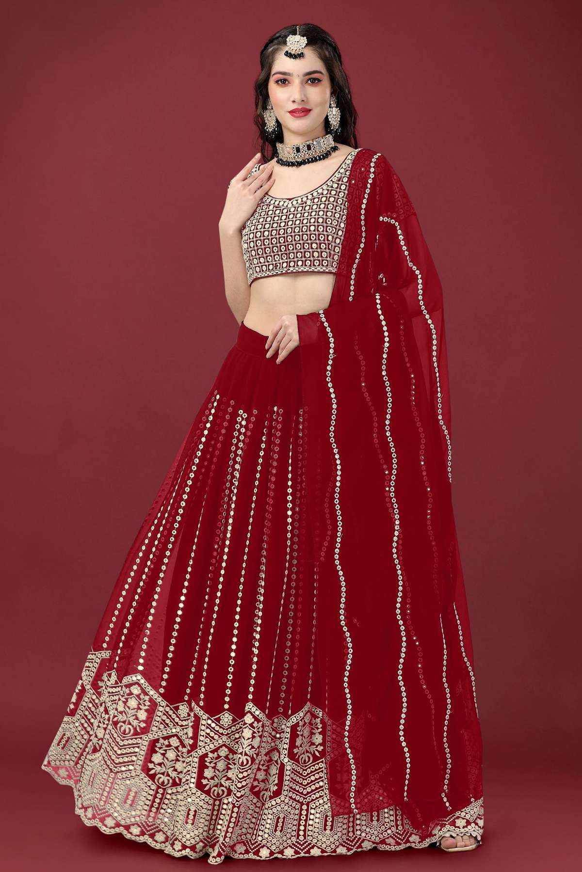 Faux Georgette Embroidery Lehenga Choli In Red Colour In Red Colour LD05643965 A