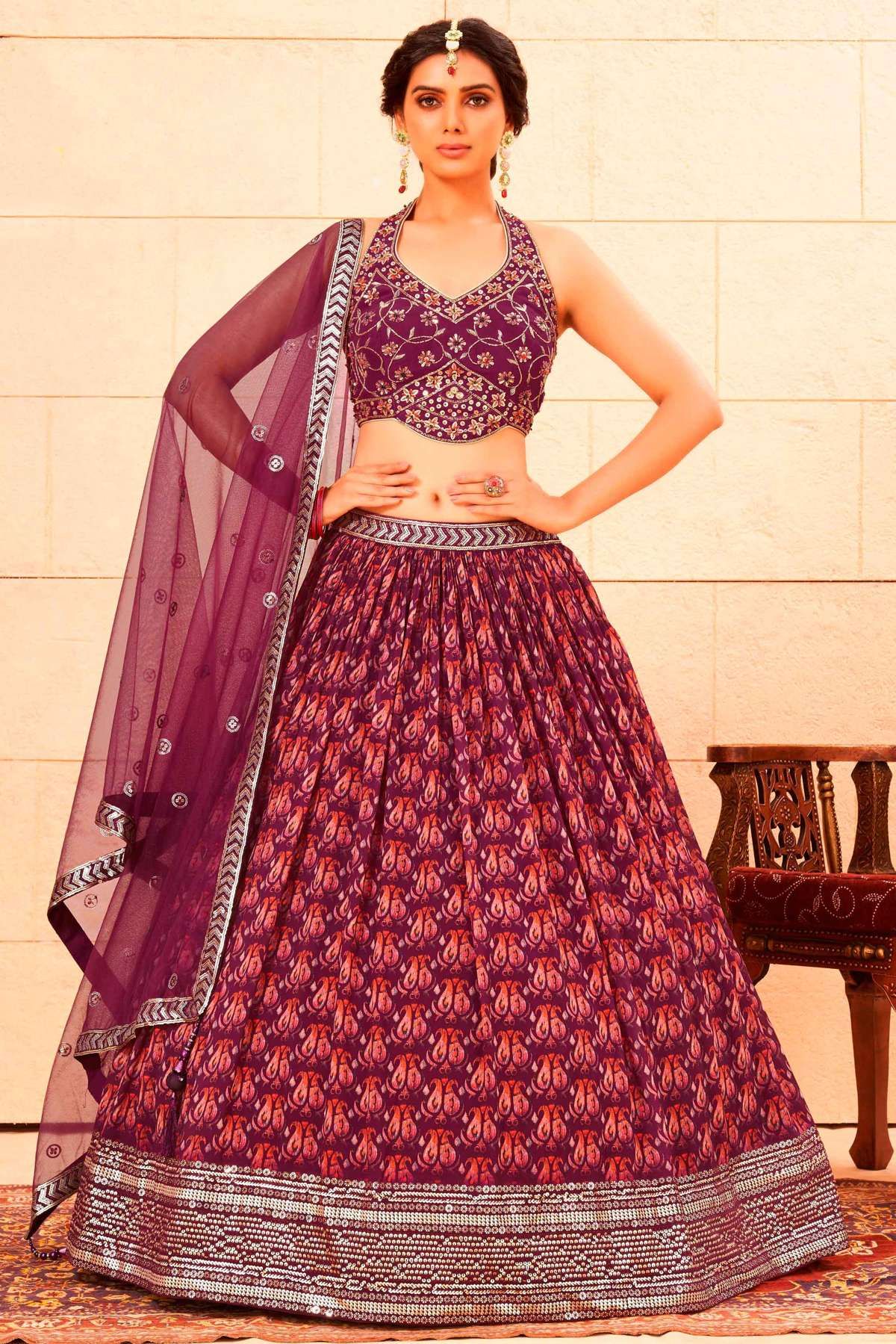 Net a line lehenga choli in Wine colour 6446