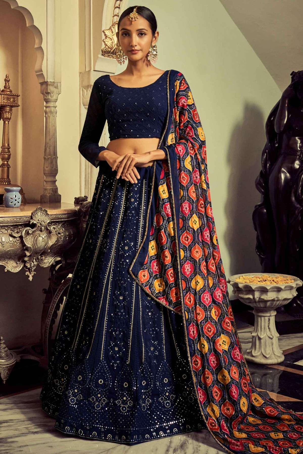 Navy Blue Wedding Wear Floral Sequins Embroidered With Diamond Velvet  Lehenga Choli