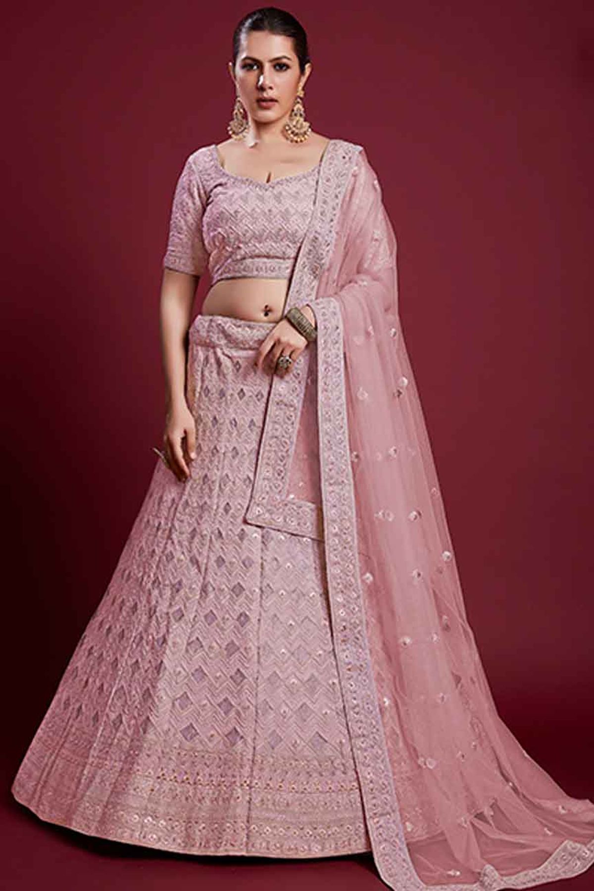 Organza Thread Work Lehenga Choli In Pink Colour - LD4901061