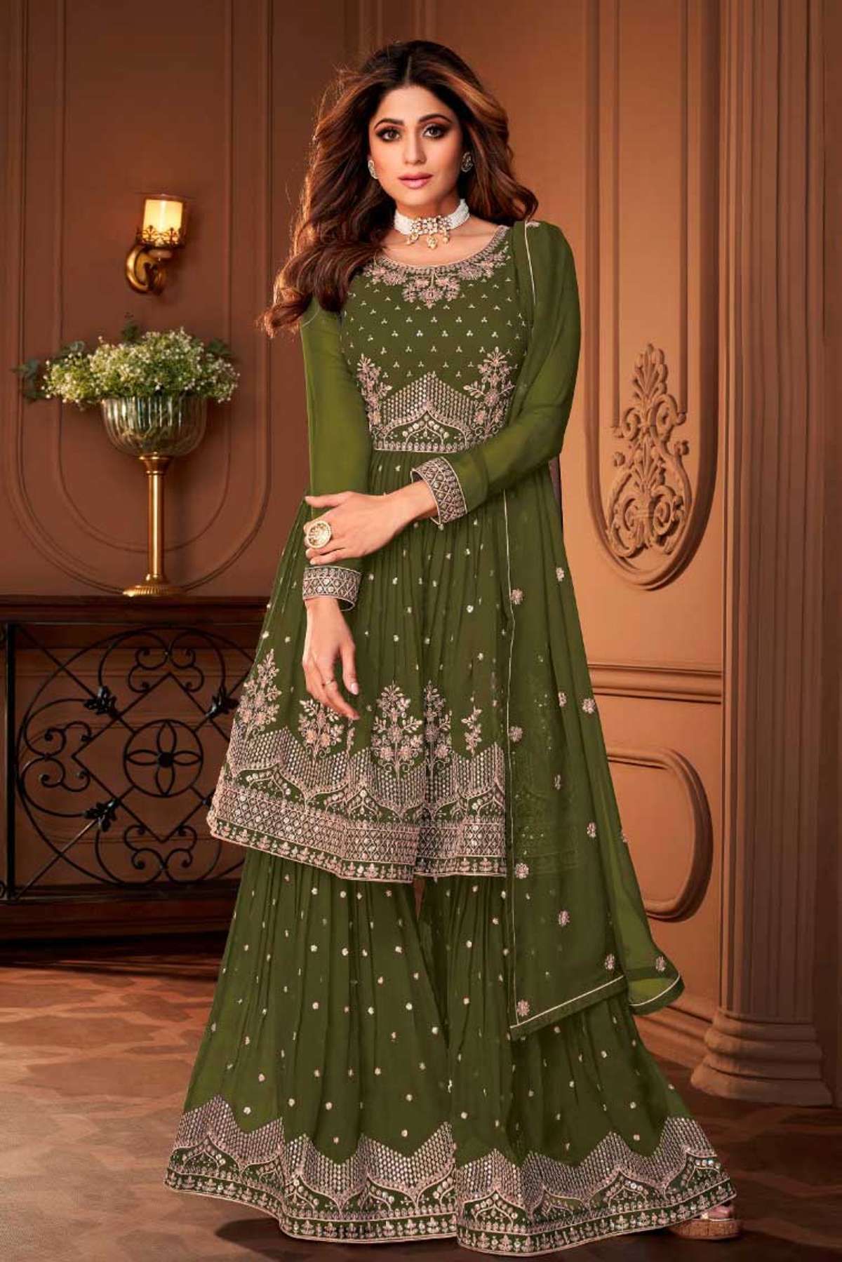 green Green Embroidered Georgette Trendy Salwar Suit For Mehndi - Hirpara  House - 4075554