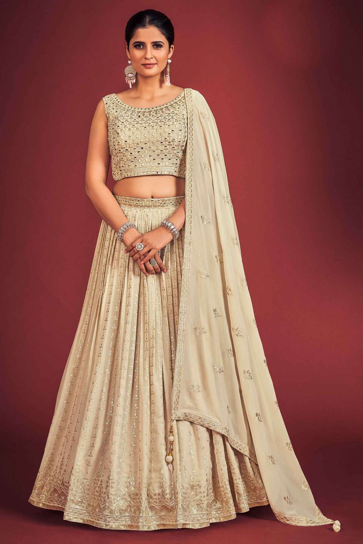 Cream Thread Embroidered Silk Lehenga Choli 2392LG03