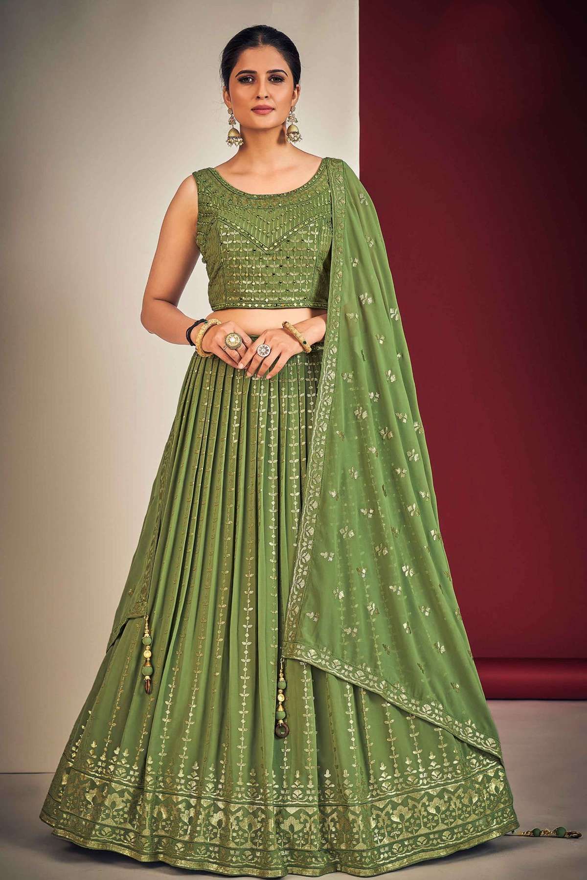 Parrot Green & Pink Tie & Dye Mirror Work Lehenga Set – 101 Hues