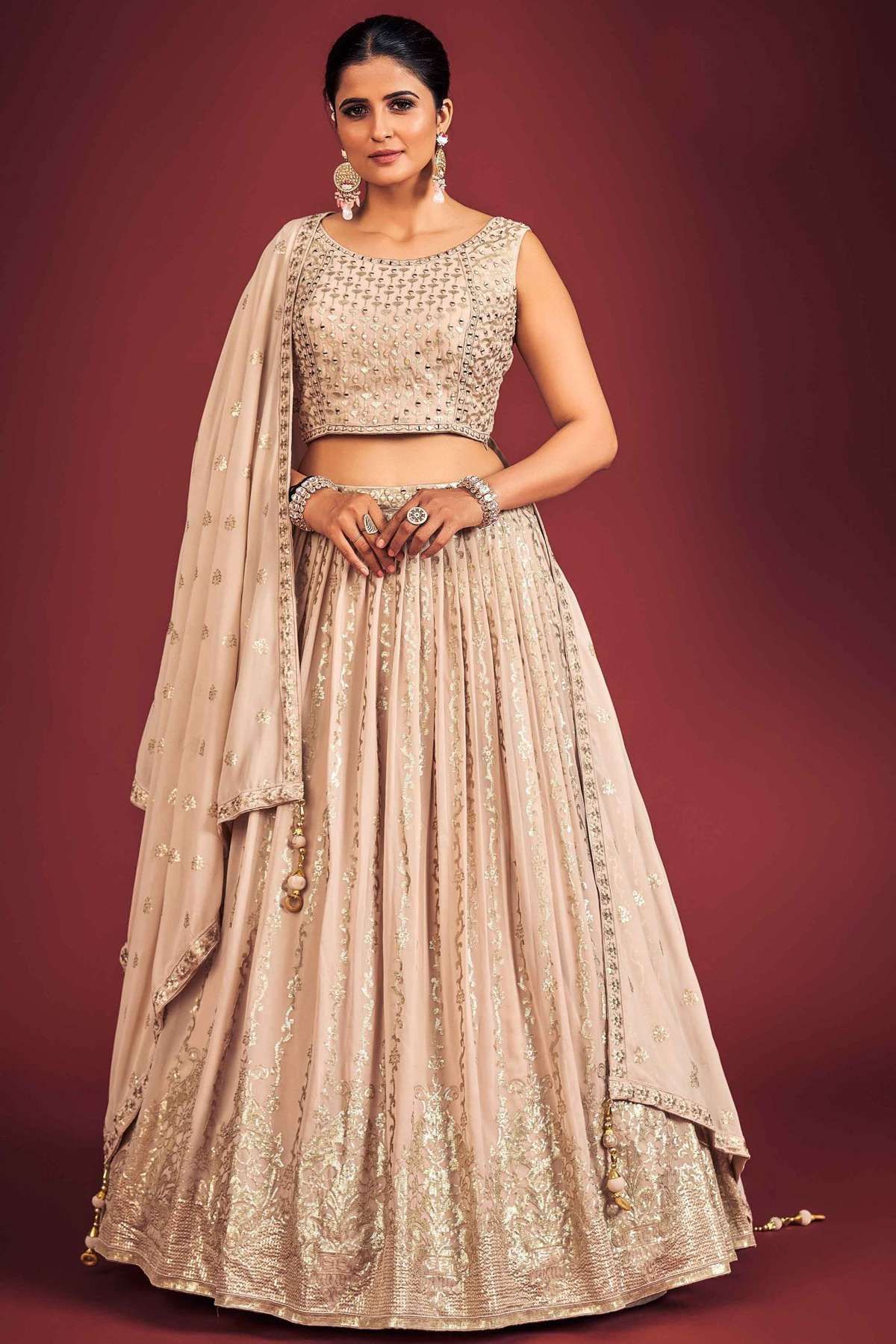 Ivory And Pink Thread And Mirror Work Lehenga Set - Priti Sahni