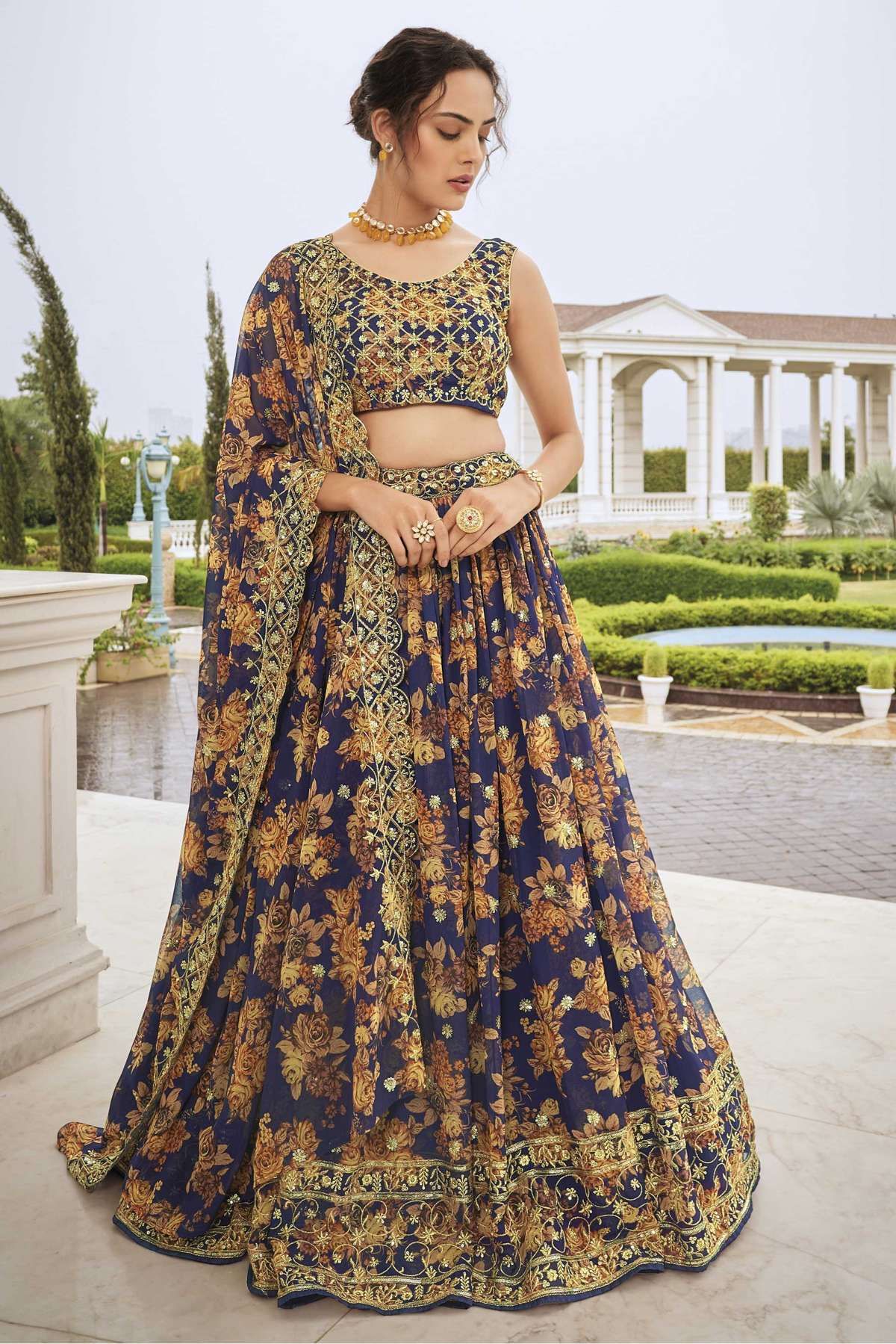 Buy Blue Blouse Cotton Silk Embellished Round Printed Lehenga Set For Women  by Rashika Sharma Online at Aza Fashions.