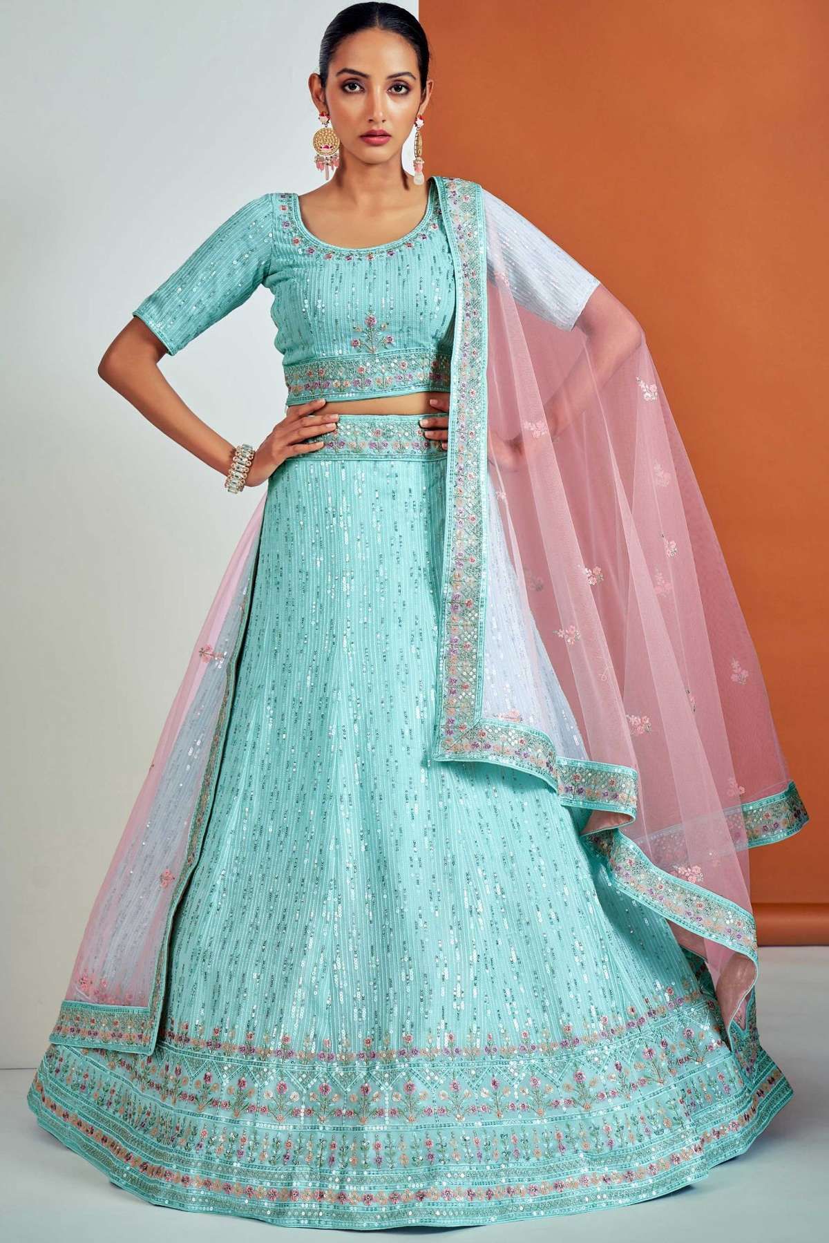 Georgette Thread Work Lehenga Choli In Turquoise Colour In Turquoise Colour LD05643398 A